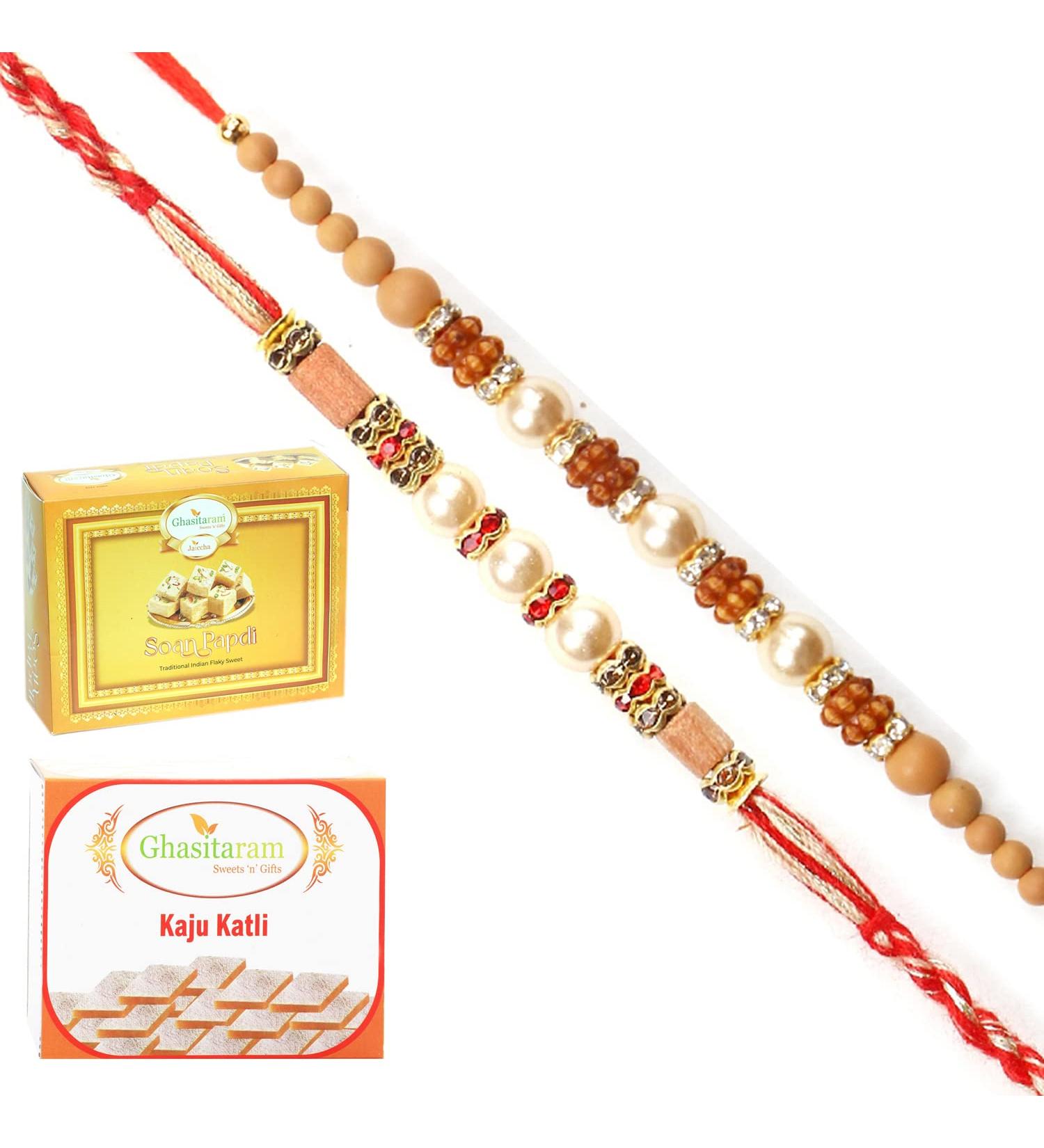 Ghasitaram Gifts Rakhi for Brother Rakhis Online - Set of 2 6299 6340 Pearl Rakhis with 200 GMS of Kaju katli and 200 GMS of Soan Papdi - Buy Online on GoSupps.com