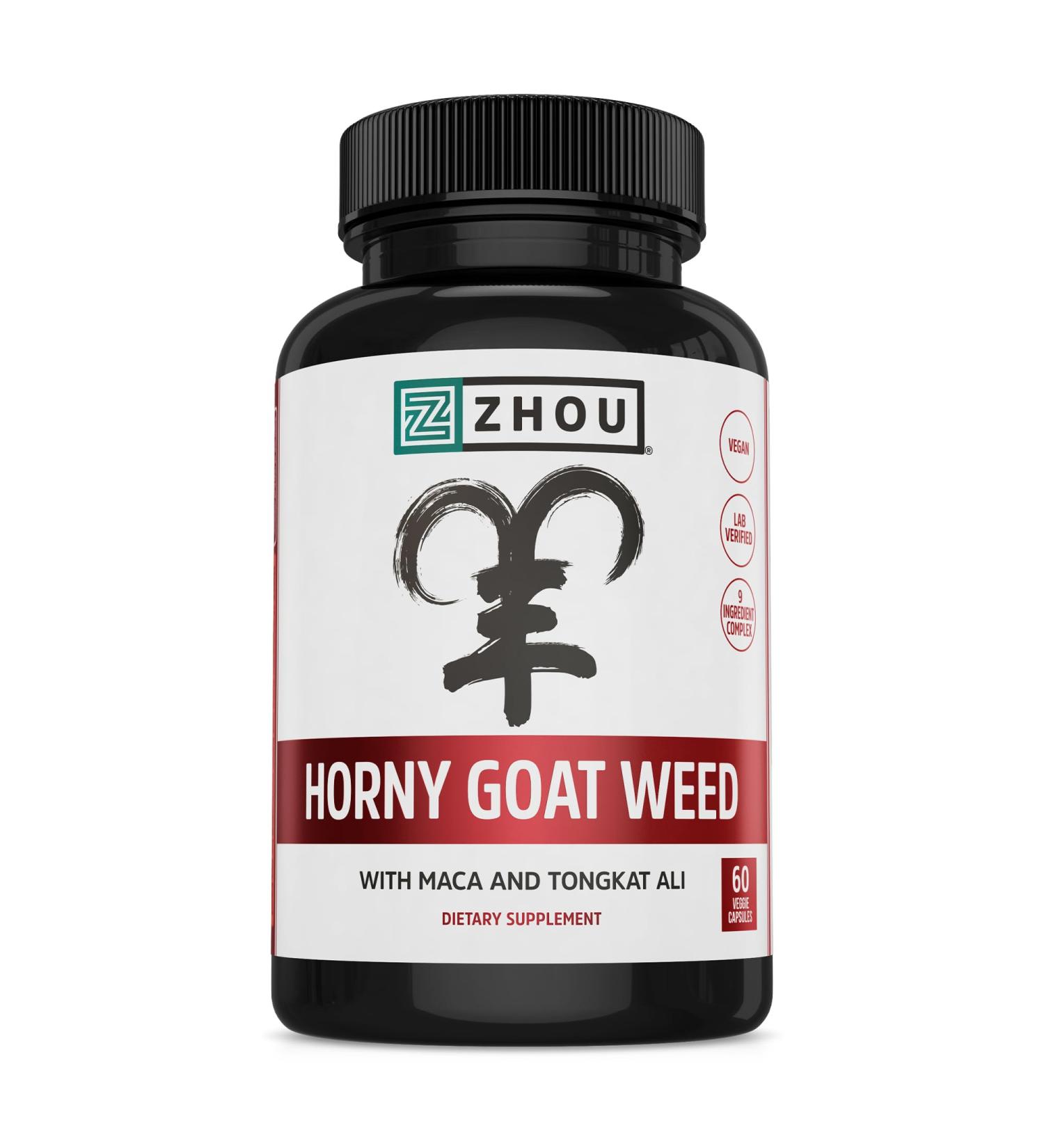Zhou Horny Goat Weed - Herbal Extract for Men & Women Supplement with Maca Tribulus Tongkat Ali & Ginseng Maximum Strength for Health & Energy - 60 Veggie Capsules - Buy Online on GoSupps.com
