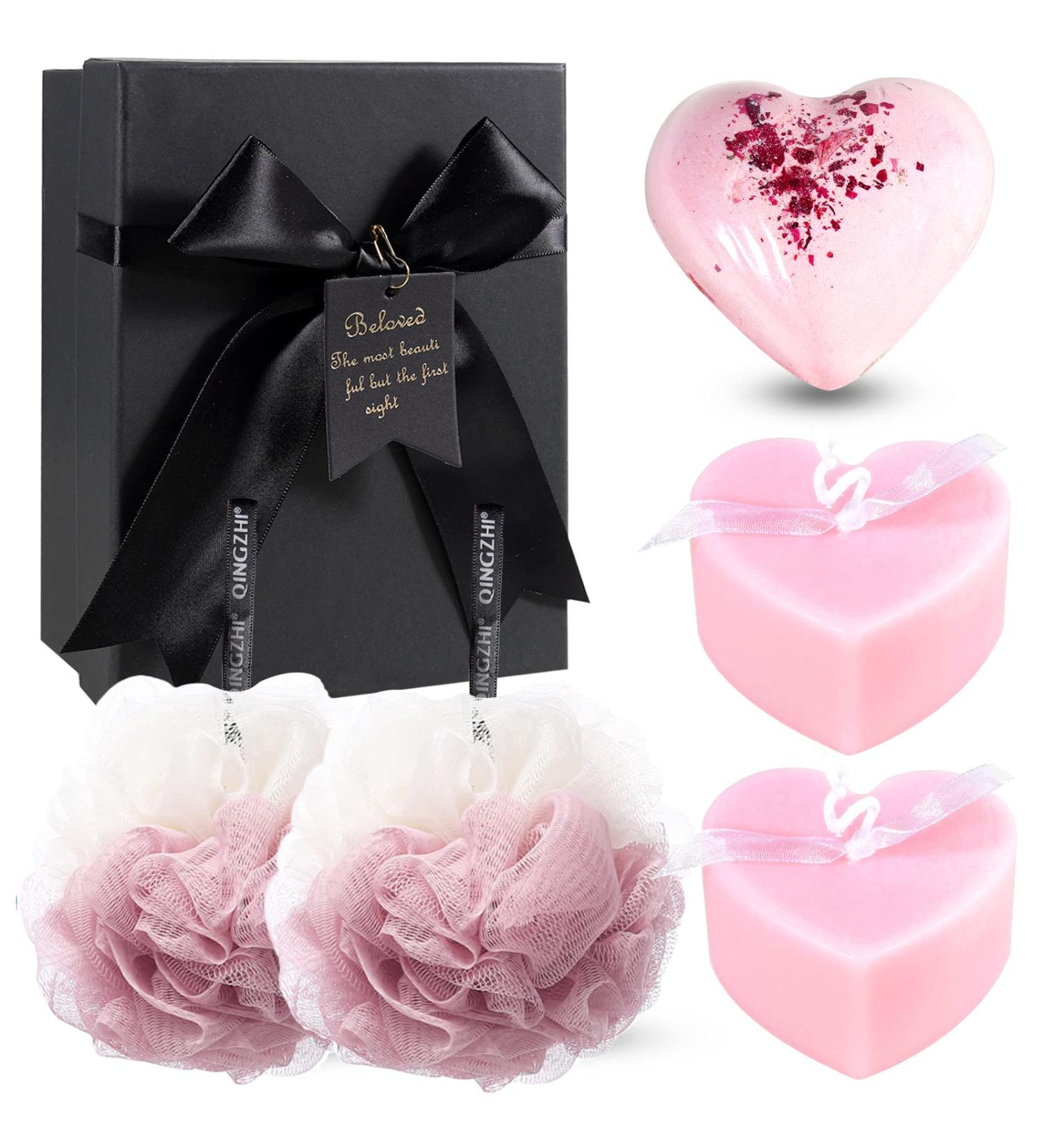 Soulnioi Bath Set of Bubble Bath Bombs Pink Heart Shape Fizzy Bubble Spa Pink White Shower Pouf Bath Loofah Pink Heart Shape Love Scented Candle Anniversary Birthday Valentines Bath Gifts Pink Candle - Buy Online on GoSupps.com