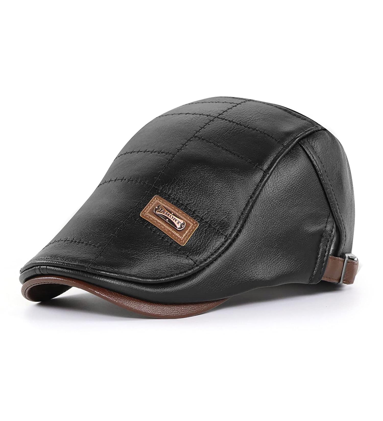 Men's Adjustable PU Leather Ivy Cap - Classic Golf Flat Cap for Driving and Fishing - Black - Buy Online on GoSupps.com