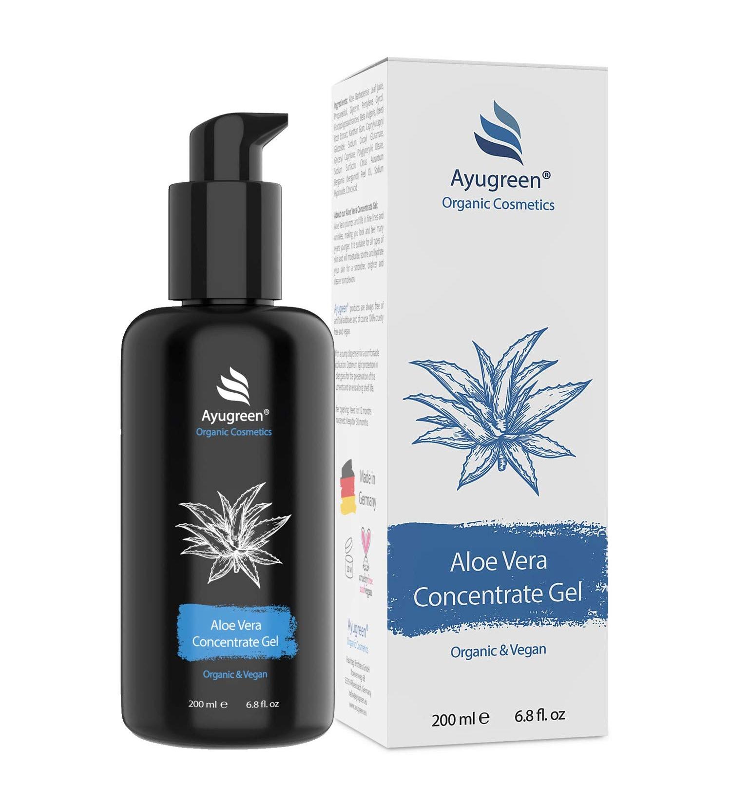 Organic Aloe Vera Gel 200ml vegan Anti-aging concentrate based on pure Aloe Vera juice For face neck d collet and body Natural cosmetics made in Germany - Buy Online on GoSupps.com
