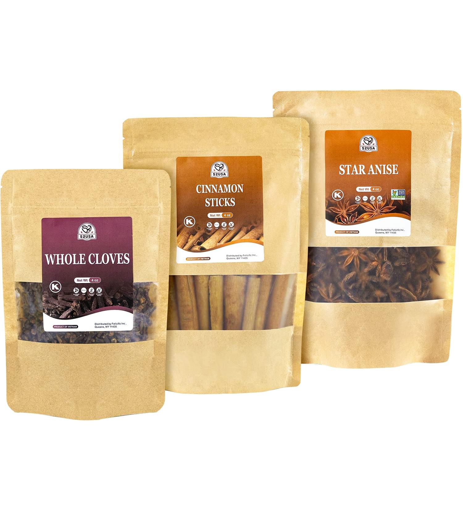 Cinnamon Sticks, Star Anise, Cloves Bulk Spice Set - 4oz Each - Natural & Preservative-Free - Starter Kitchen Spice Gift Set - Buy Online on GoSupps.com