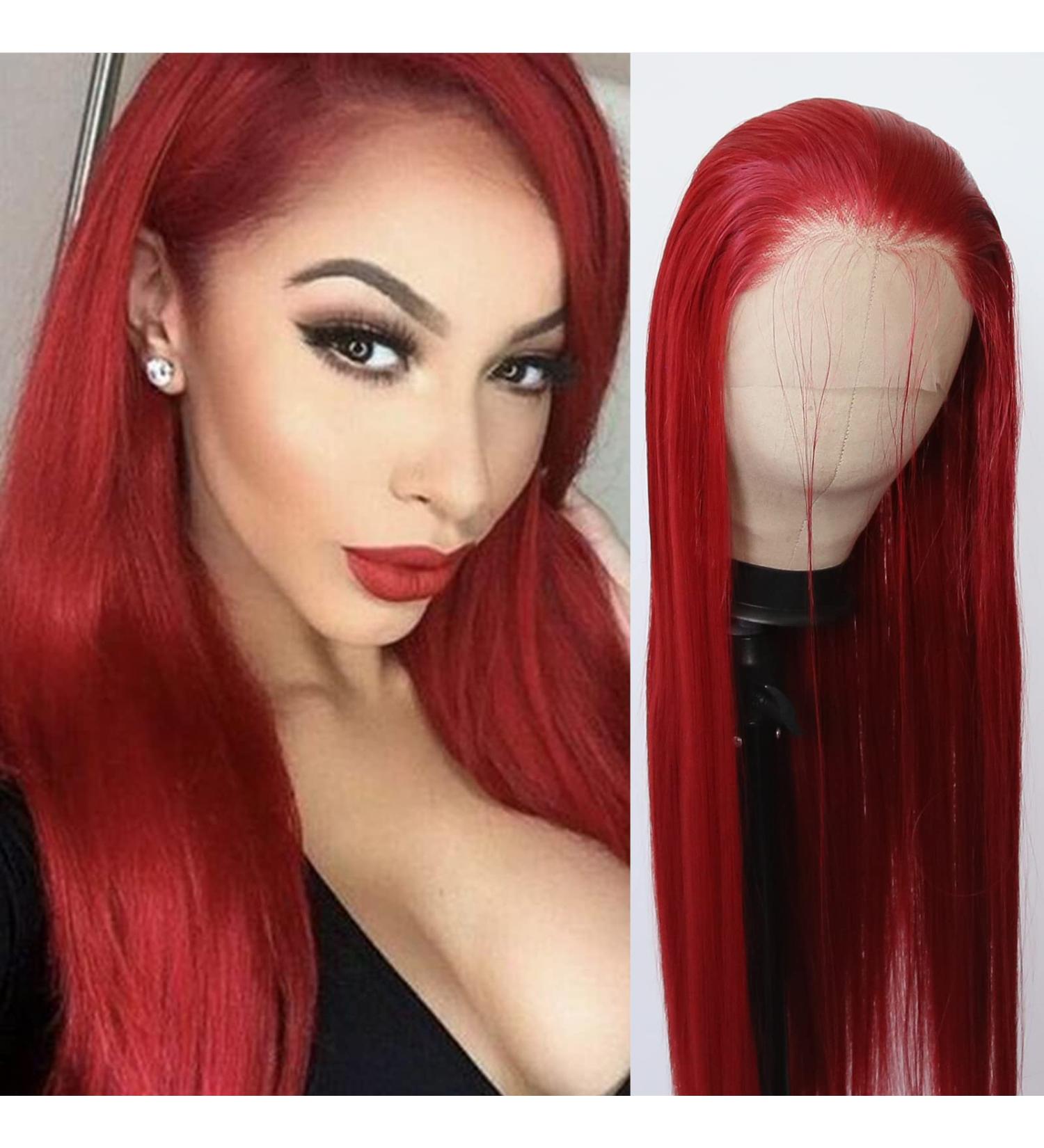 BTWTRY Red Synthetic Lace Front Wig - Long Straight Dark Red Heat Resistant Fiber Hair Wig for Women - Buy Online on GoSupps.com