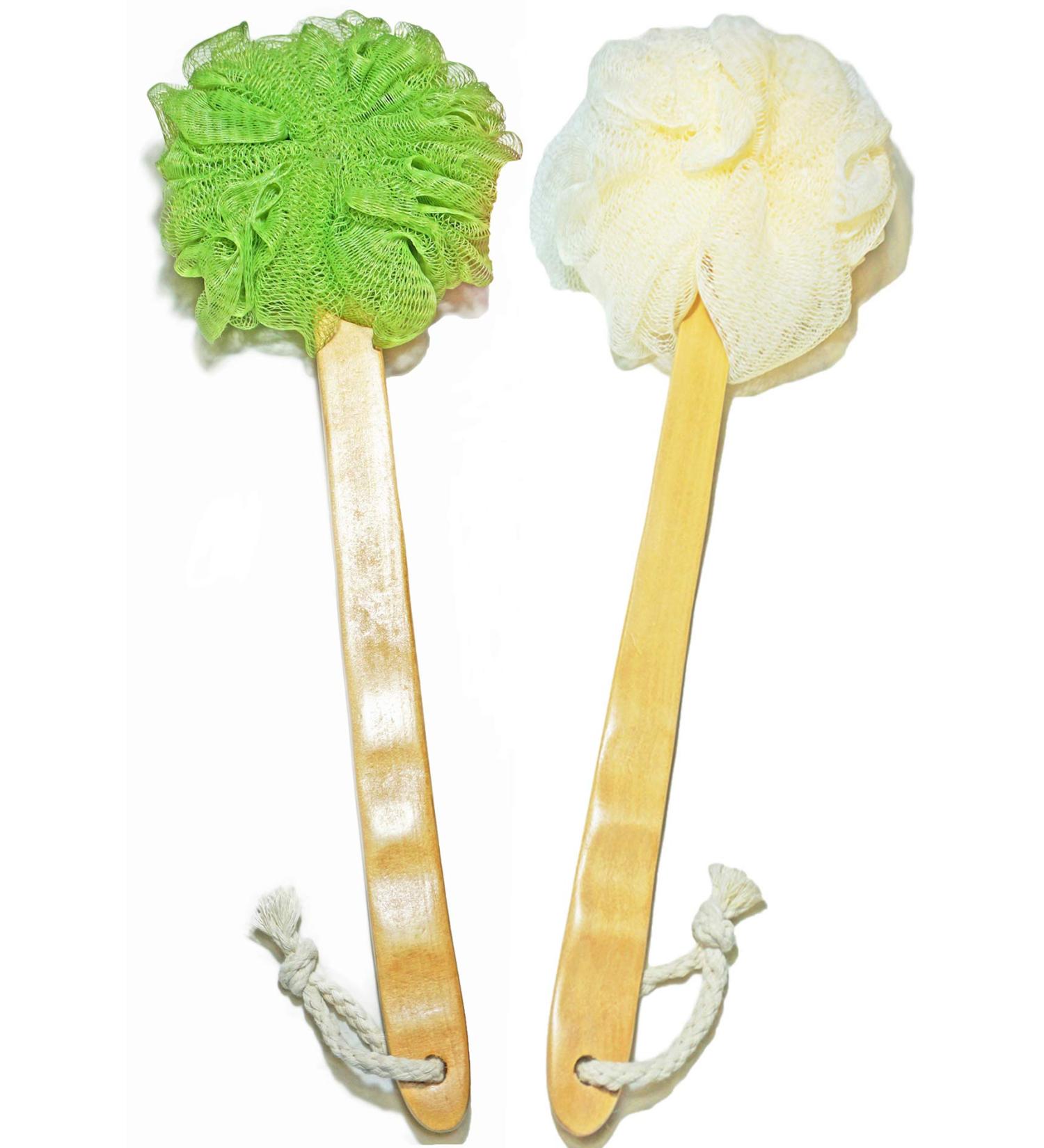 Shower Loofah Body & Back Scrubber - Exfoliating Bath Brush | Long Wooden Handle For Men & Women | 2 Pack - White & Green - Buy Online on GoSupps.com