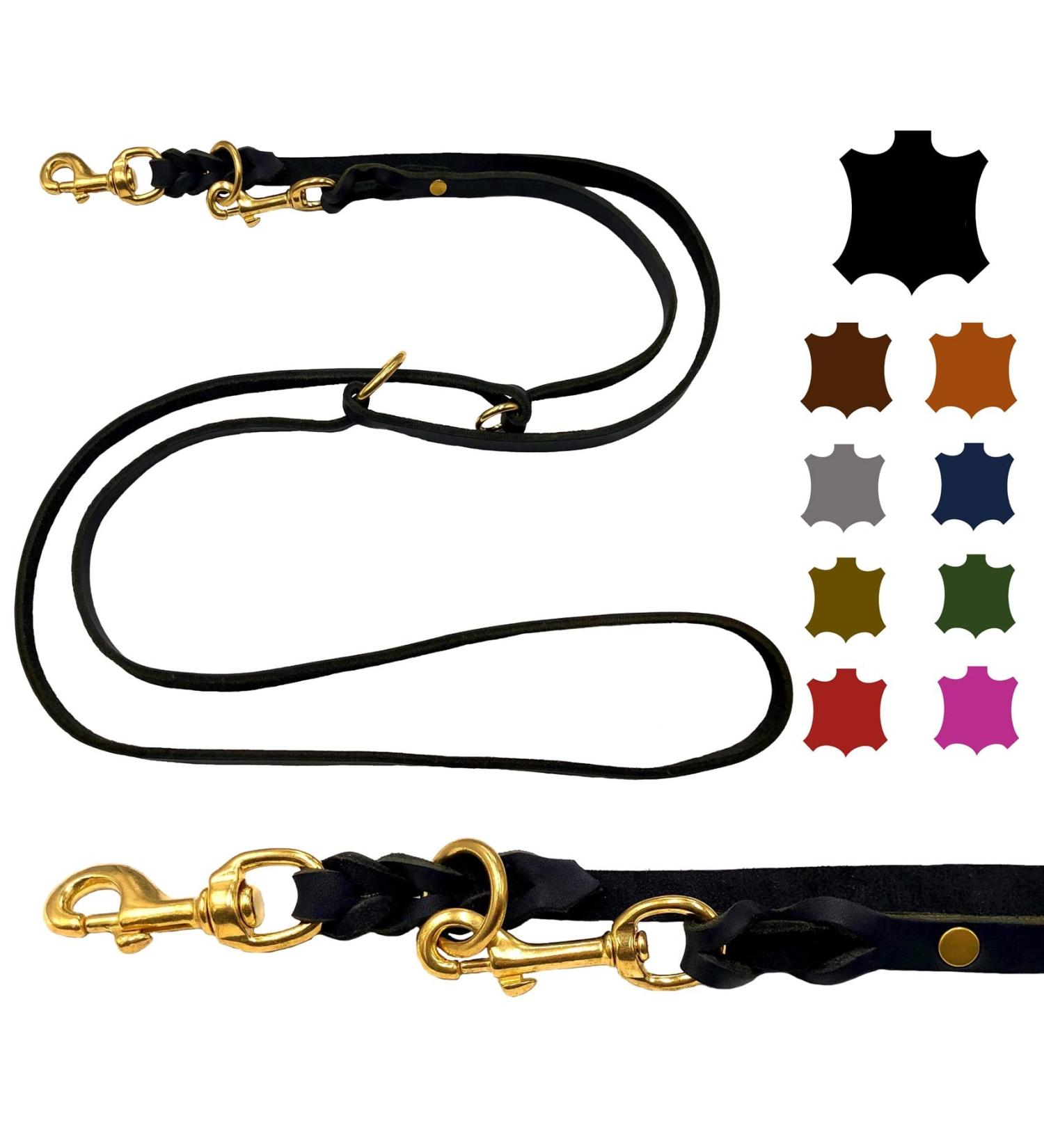 Dogeleine Adjustable Fat Leather Brass Leash for Small & Large Dogs - 2m 2.40m 2.80m 3.50m 5m - Durable Double Linen 12mm Black - Buy Online on GoSupps.com