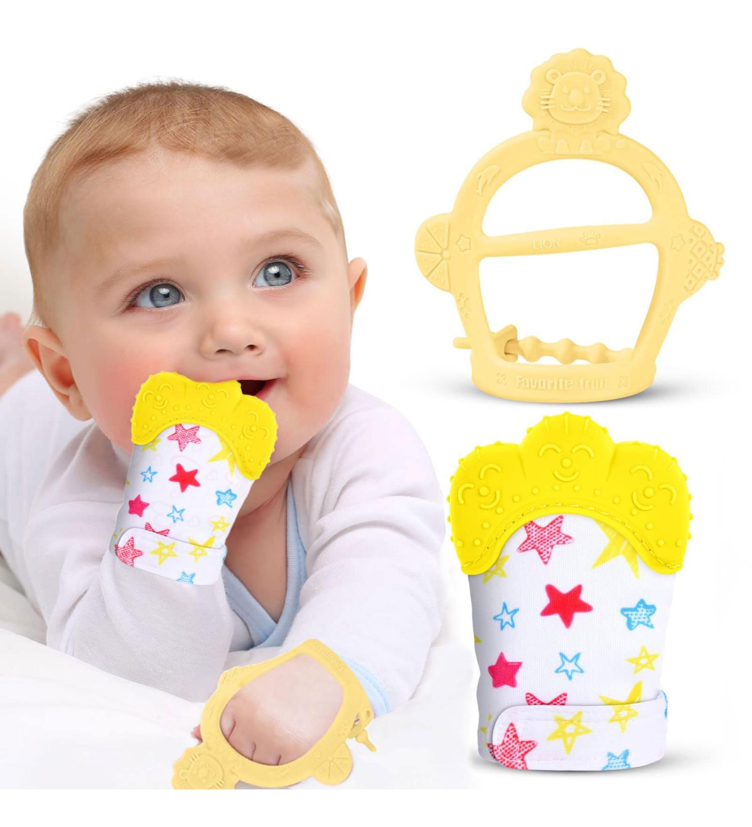 2-Piece Baby Bite Gloves & Toy Set - Silicone Biting Relief for Teething Pain - Yellow - Buy Online on GoSupps.com