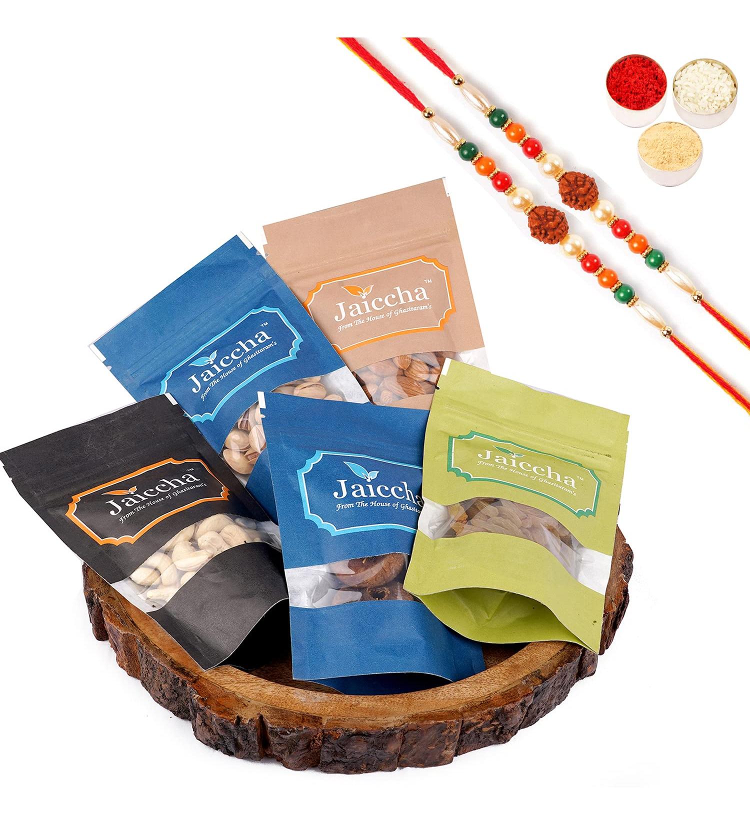 Jaiccha Ghasitaram Rakhi Gifts for Brothers Log Platter of 5 Dryfruits with 2 Rudraksh Rakhis - Buy Online on GoSupps.com