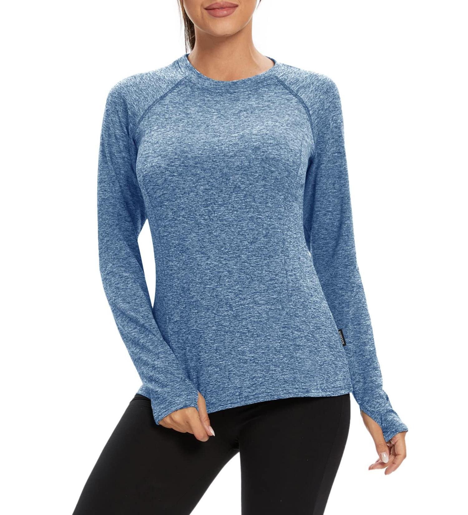 Soneven Women s Thermal Fleece Compression Running Shirt Quick Dry Workout Top with Thumb Holes Small Crew Neck in Haze Blue
