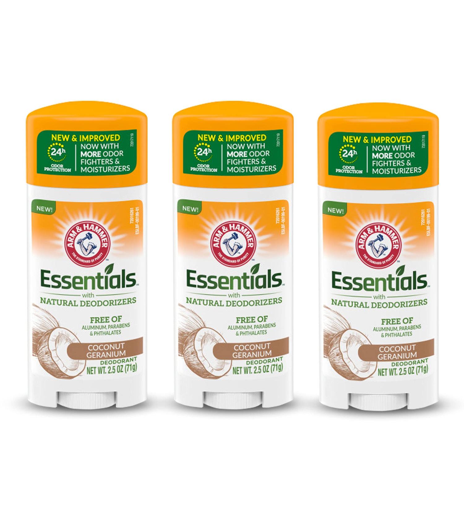 ARM & HAMMER Essentials Coconut Geranium Deodorant | Aluminum-Free, Paraben-Free, Phthalate-Free | 2.5 oz (Pack of 3) - Buy Online on GoSupps.com