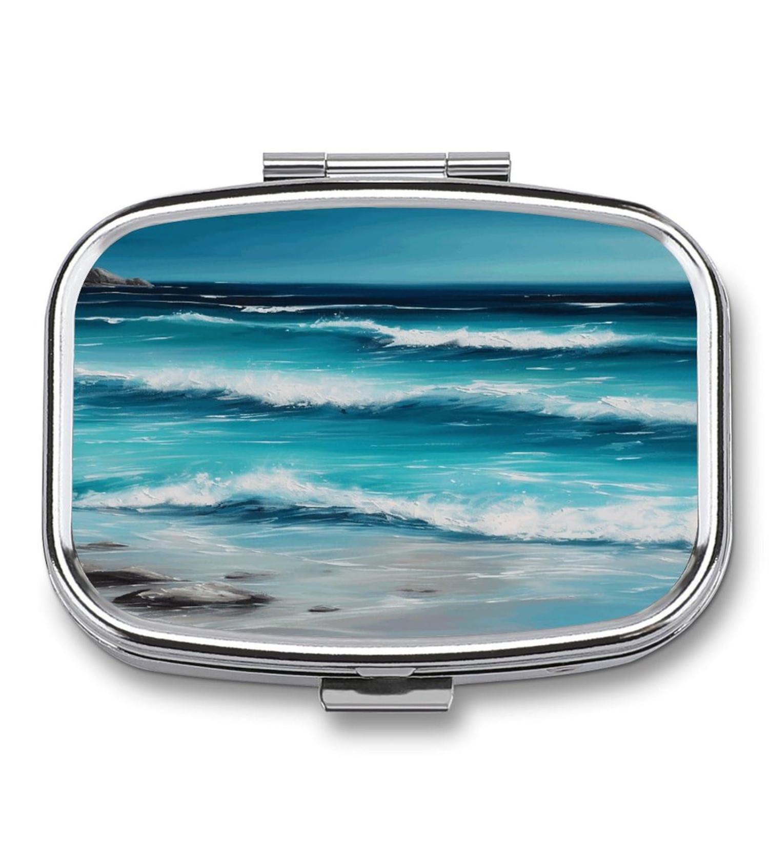 Turquoise Beach Pill Box - Decorative 2 Compartment Medicine Organizer | Portable Metal Pill Case for Pocket & Purse - Buy Online on GoSupps.com