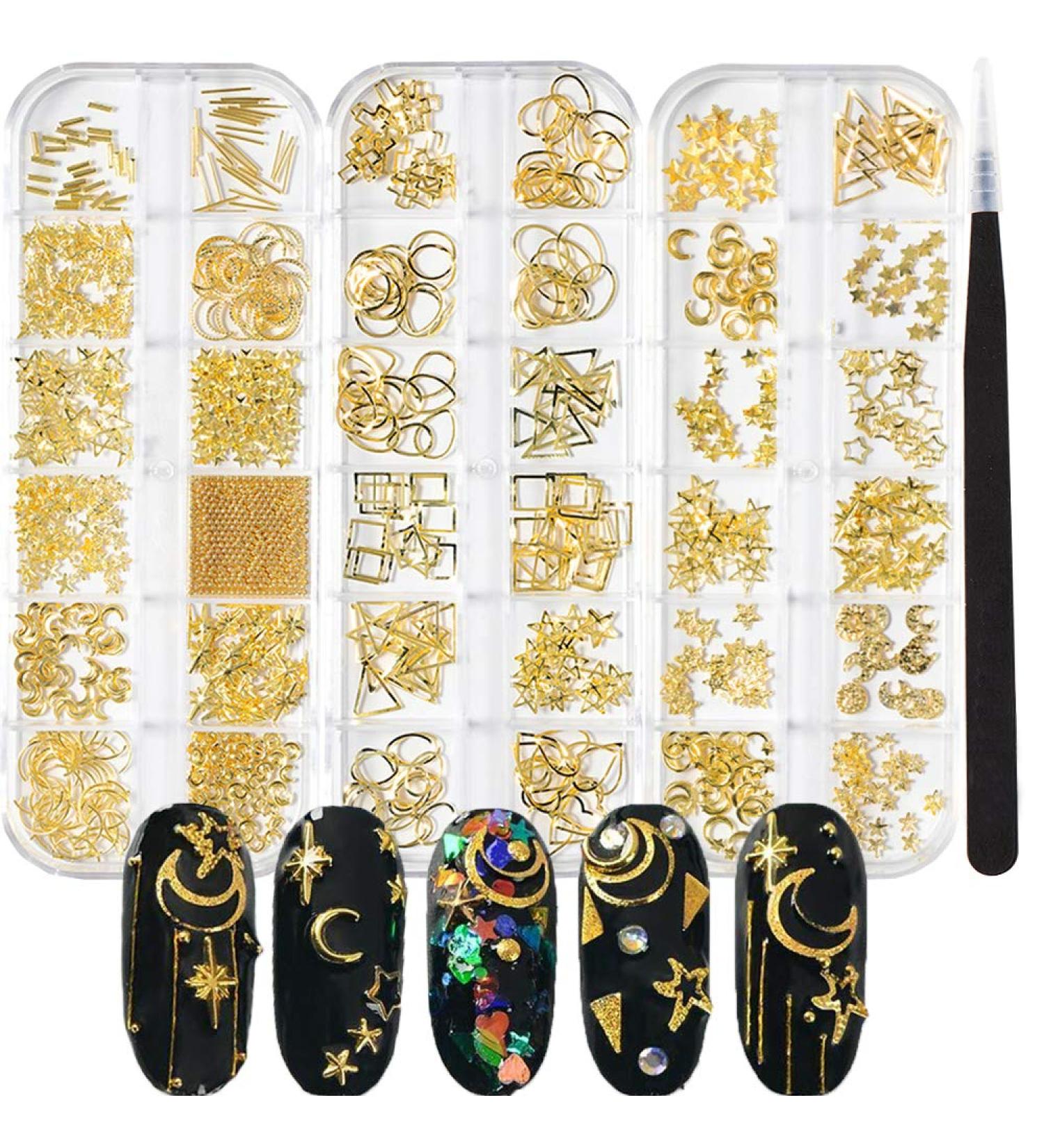 3 Boxes 3D Metal Nail Art Decals Studs Design Decoration Set with Tweezers Tool - Gold Star Moon Heart Square Rivet Caviar Beads Jewels for Women - Buy Online on GoSupps.com