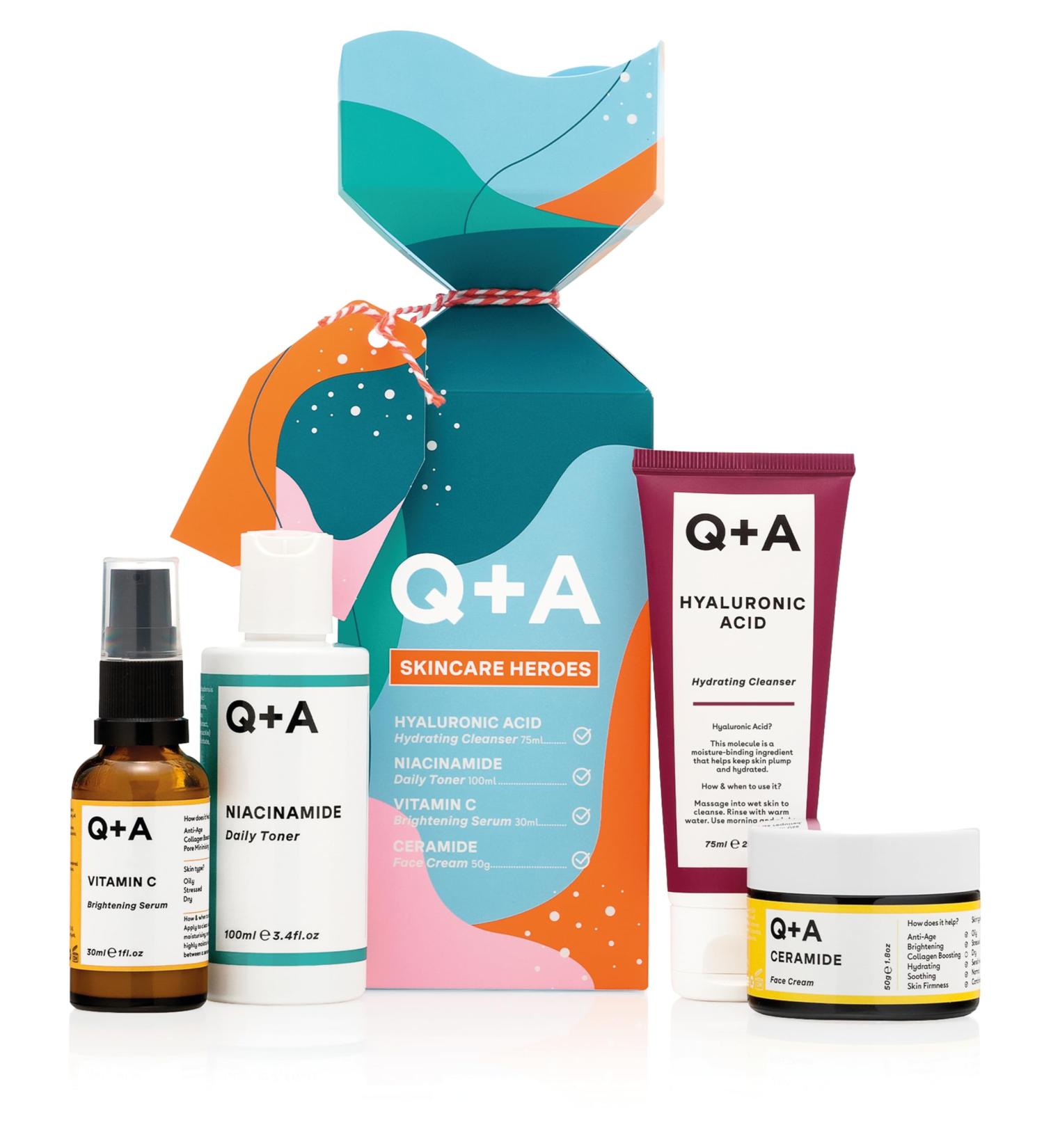 Q+A Skincare Heroes Gift Set: Hyaluronic Acid Cleanser, Vitamin C Serum, Ceramide Cream, Niacinamide Toner - Buy Online on GoSupps.com