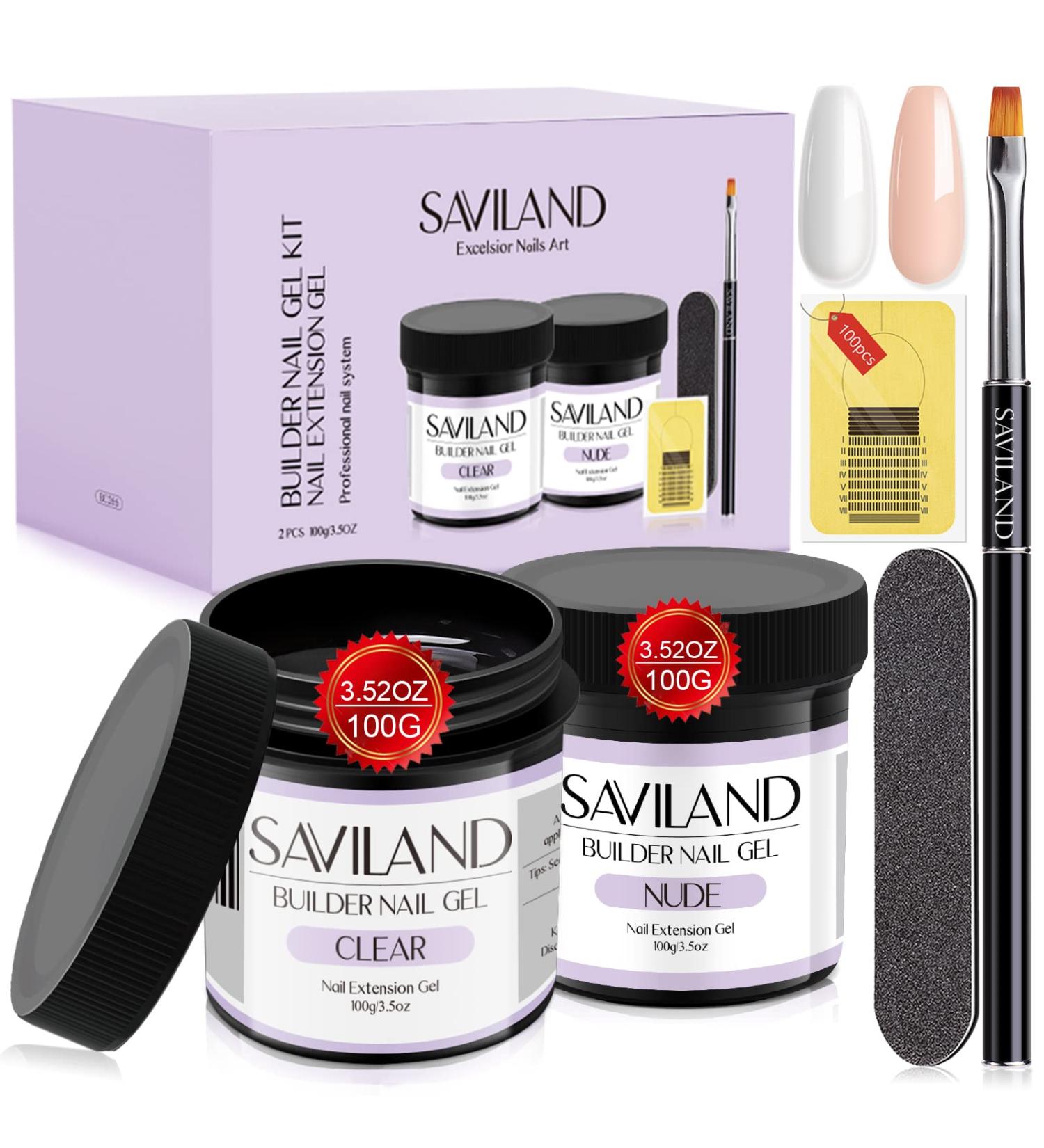 Saviland Assembly Gel for Gel Nails Set - 2x100g Clear & Nudes Builder Nail Gel 3.5oz Nail Extension Kit with Brush File & 100 Nail Shapes - Professional Manicure Studio Essentials - Buy Online on GoSupps.com