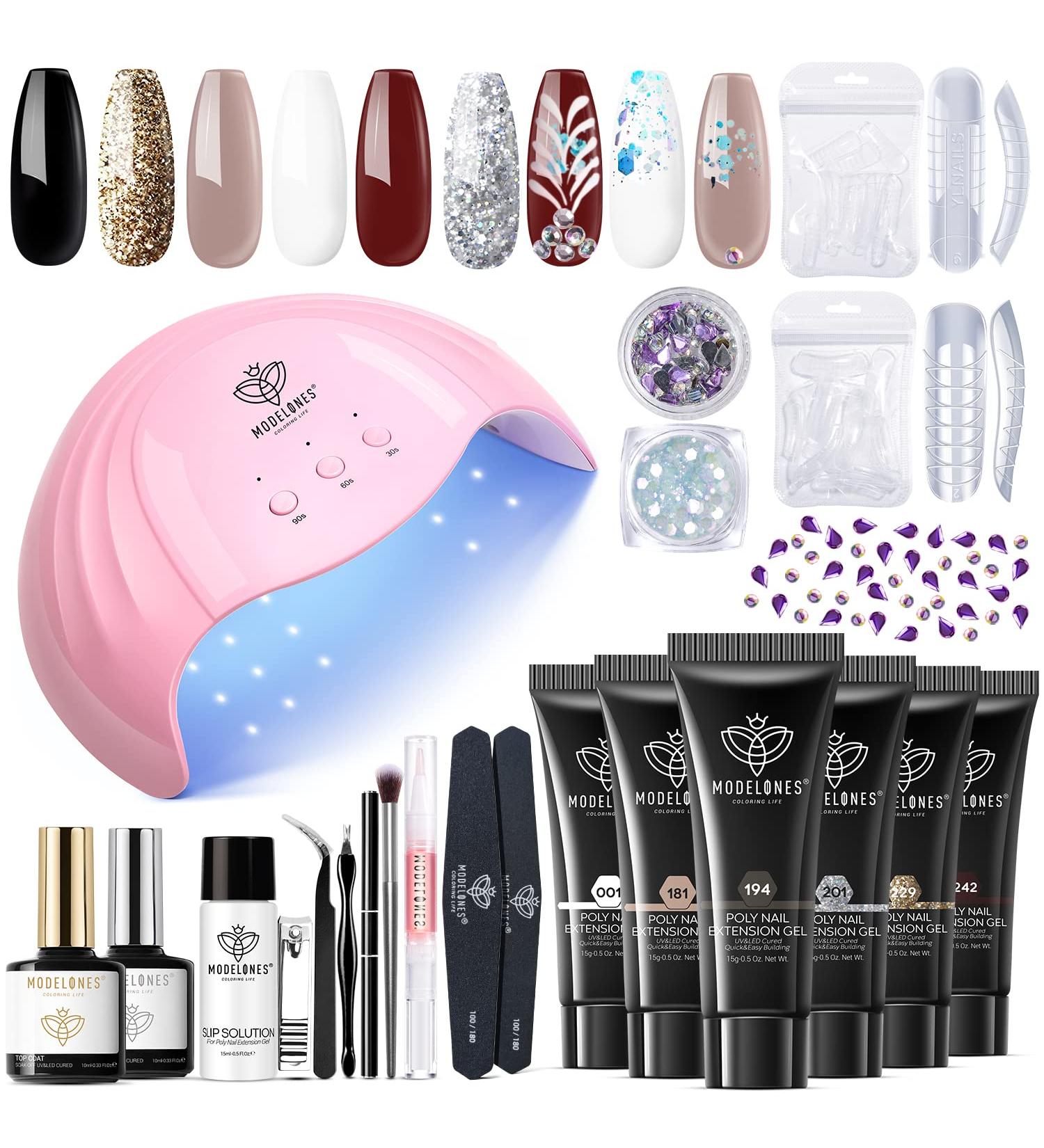 Modelones Poly Nail Gel Kit - 6 Color Nail Extension Gel Kit with 48W Nail Lamp & Slip Solution - Rhinestone Glitter Starter Kit for DIY Nail Manicure - Black Gold - Buy Online on GoSupps.com