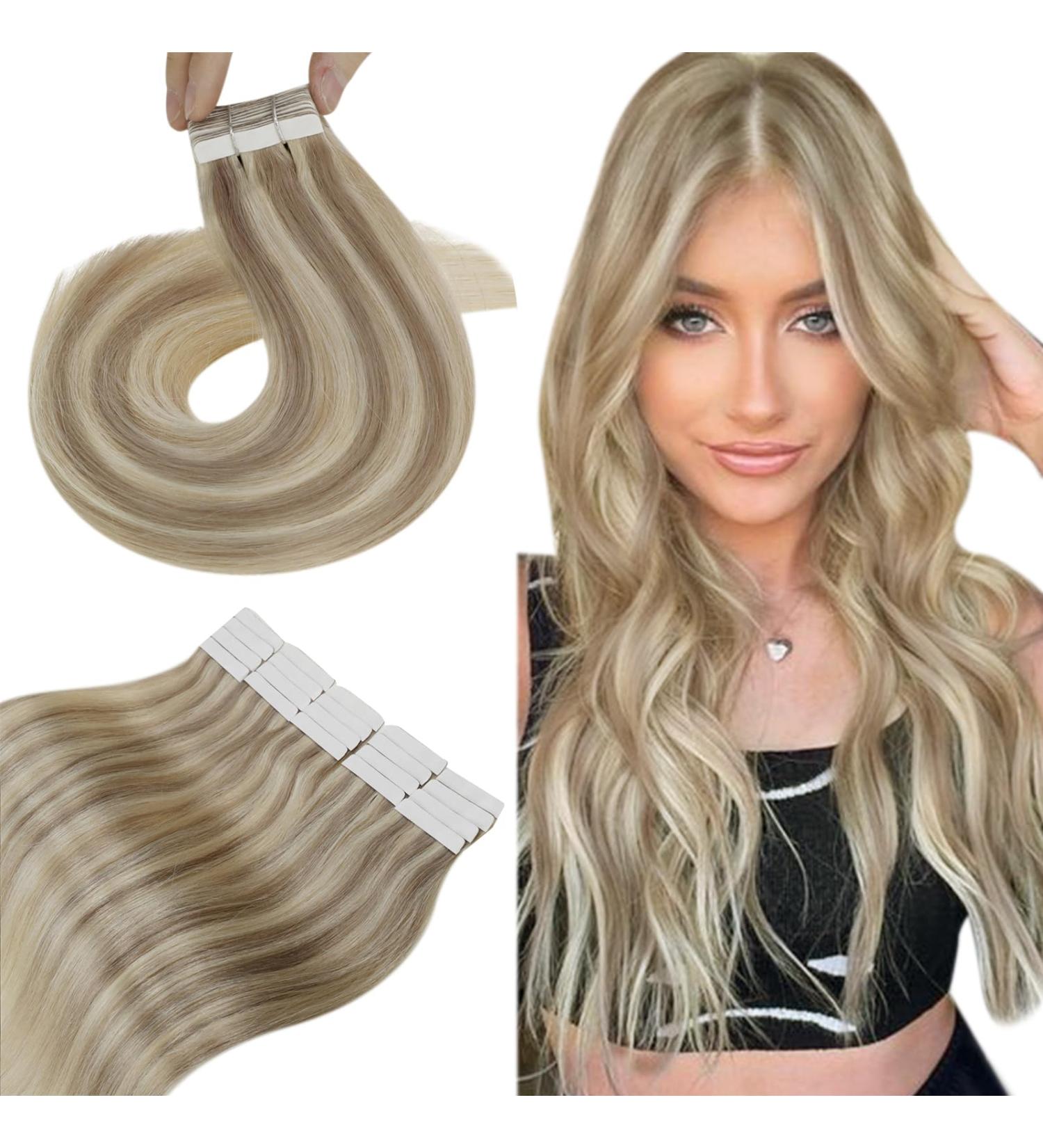 Buy Hetto Real Hair Extensions Tape Blonde & Ash Blonde Highlights | 45cm 50g Remy Hair Tapes for Effortless Style - Buy Online on GoSupps.com