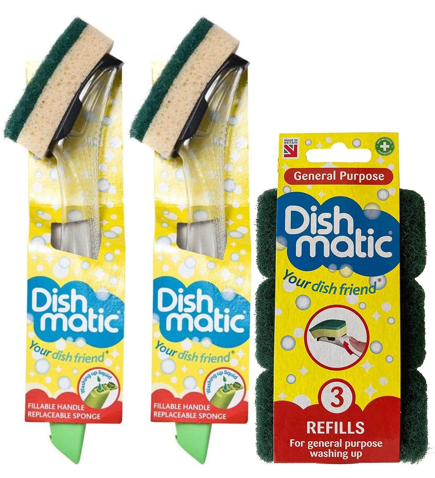 Dishmatic 2X Fillable Washing Up Brush & Sponge with 3X Refills - Easy Grip Dish Cleaner - Buy Online on GoSupps.com