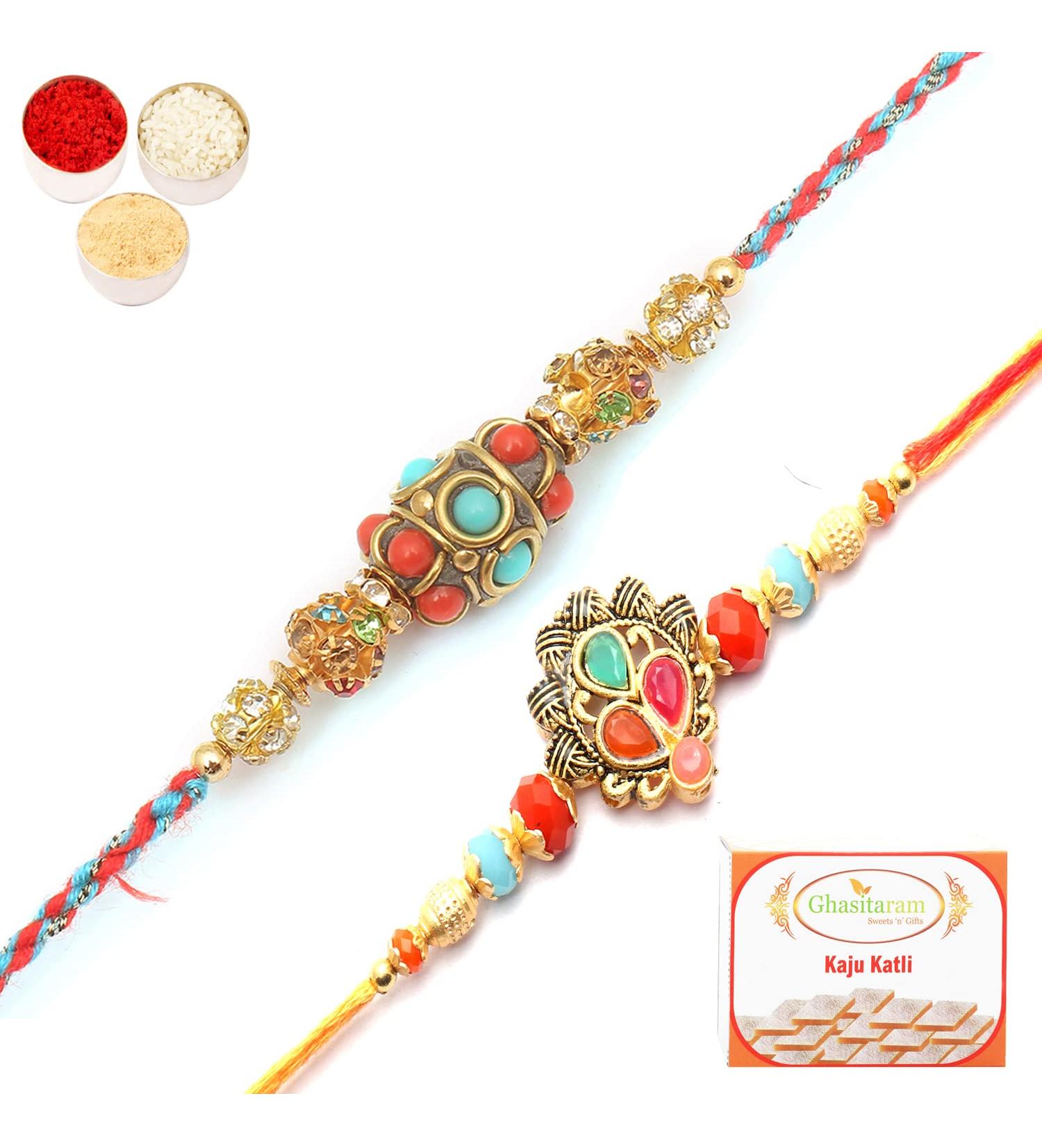 Ghasitaram Gifts Rakhi for Brother Rakhis Online - Set of 2 Beautiful Colours and Blue Ethnic Premium Rakhis with 400 GMS of Kaju katli