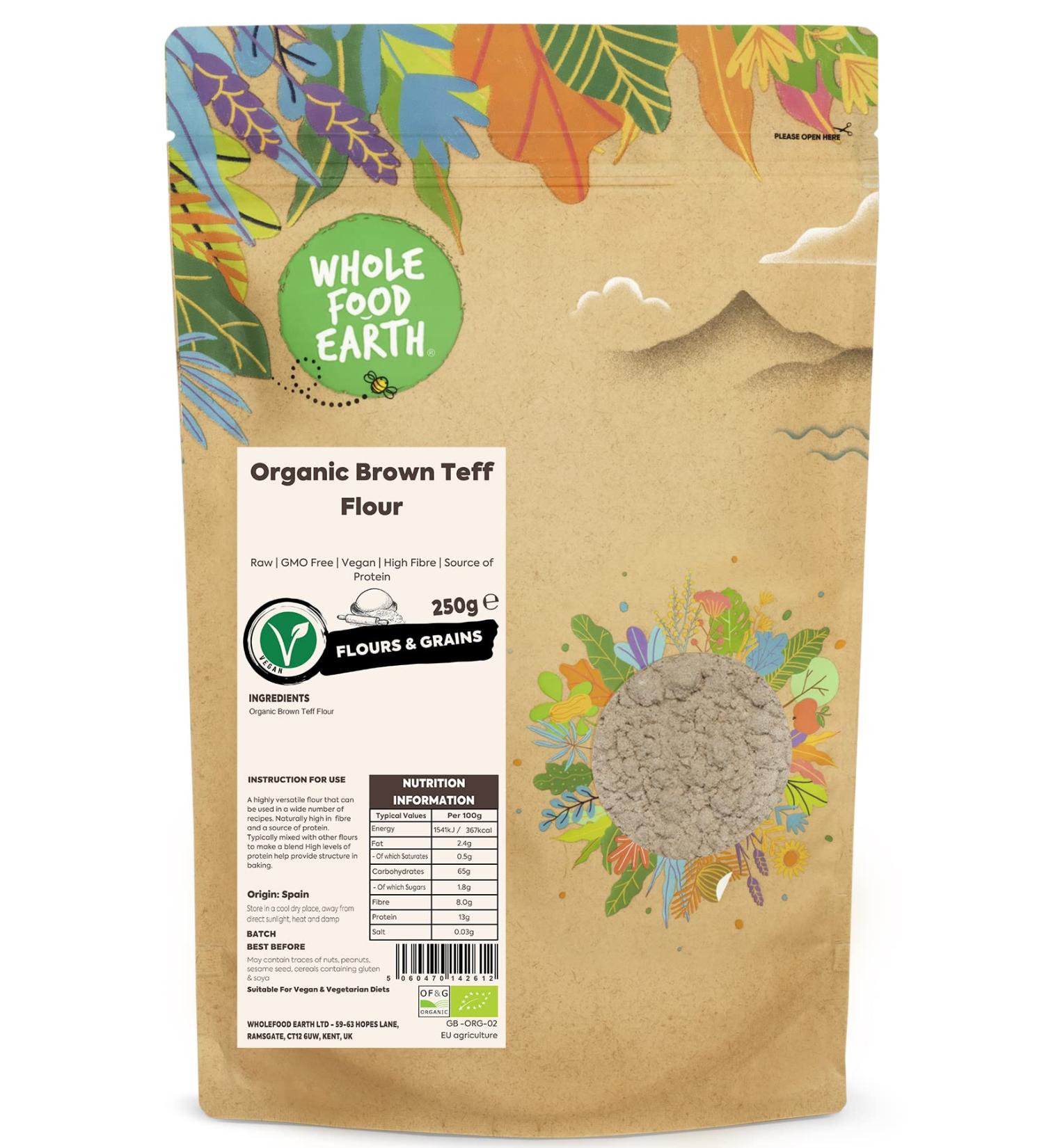 Wholefood Earth Organic Brown Teff Flour 250g | Raw | GMO Free | Vegan | High Fibre | Source of Protein | Certified Organic - Buy Online on GoSupps.com
