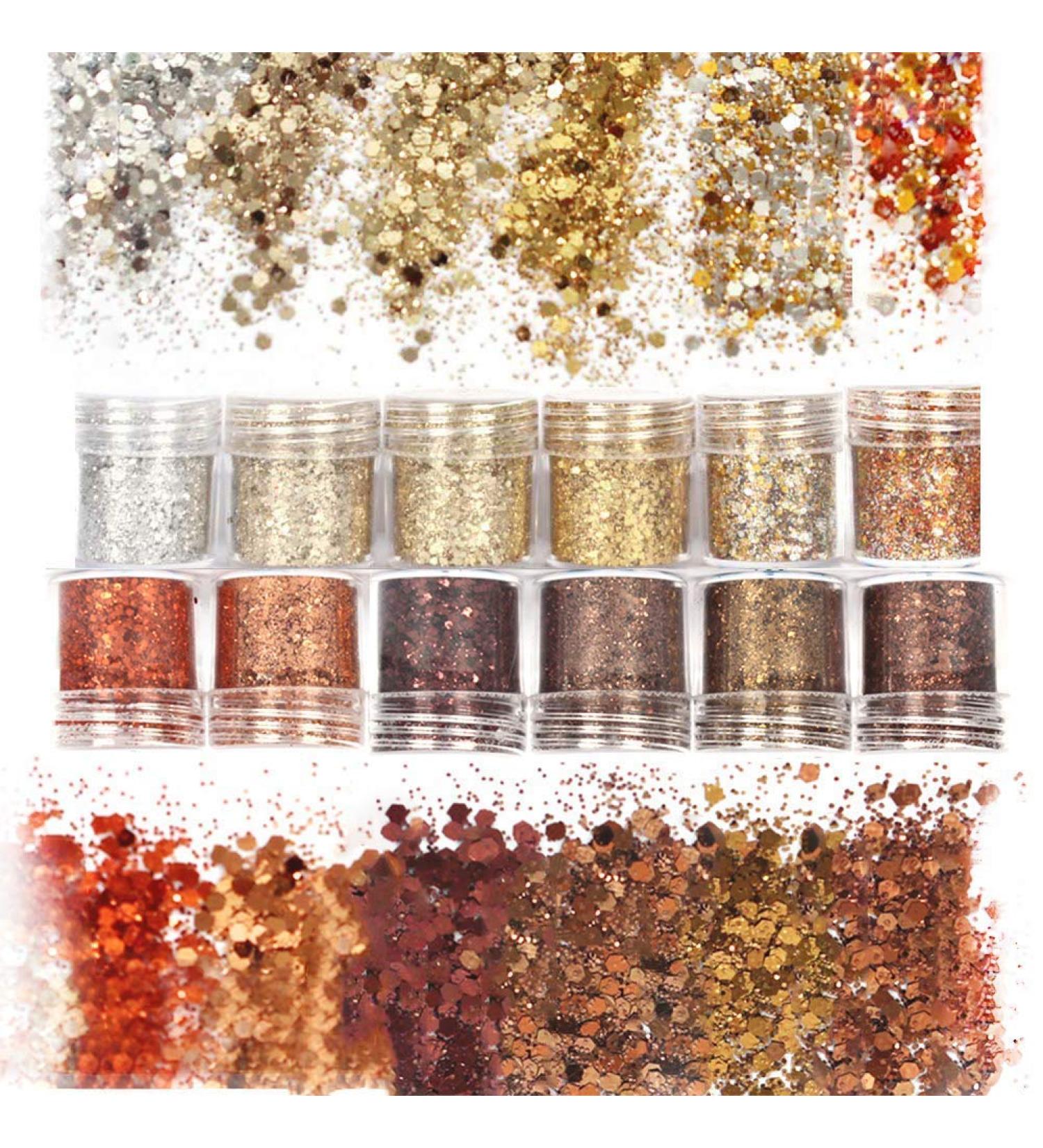 Laza Autumn Nail Glitter Set - 12 Colors Acrylic Powder Sequin for Gel Polish & Nail Art - Retro Copper Iridescent Flake Paillette Sparkle - 120g Golden Age Collection - Buy Online on GoSupps.com