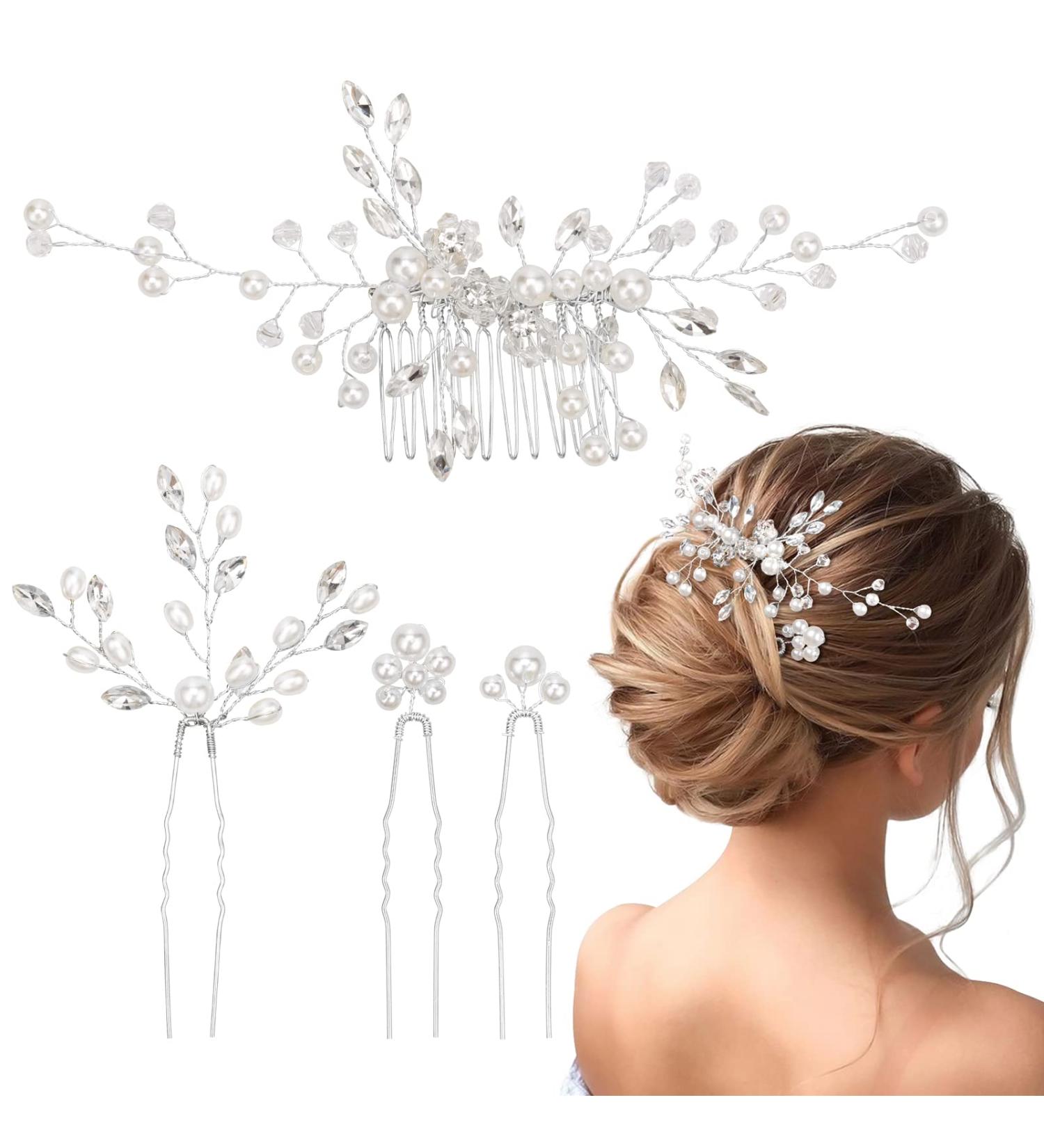 MELLIEX 4 Pieces Wedding Hair Accessories - Crystal Pearls Bridal Jewelry Hair Comb & U-shaped Hairpins for Women & Girls - Silver - Buy Online on GoSupps.com