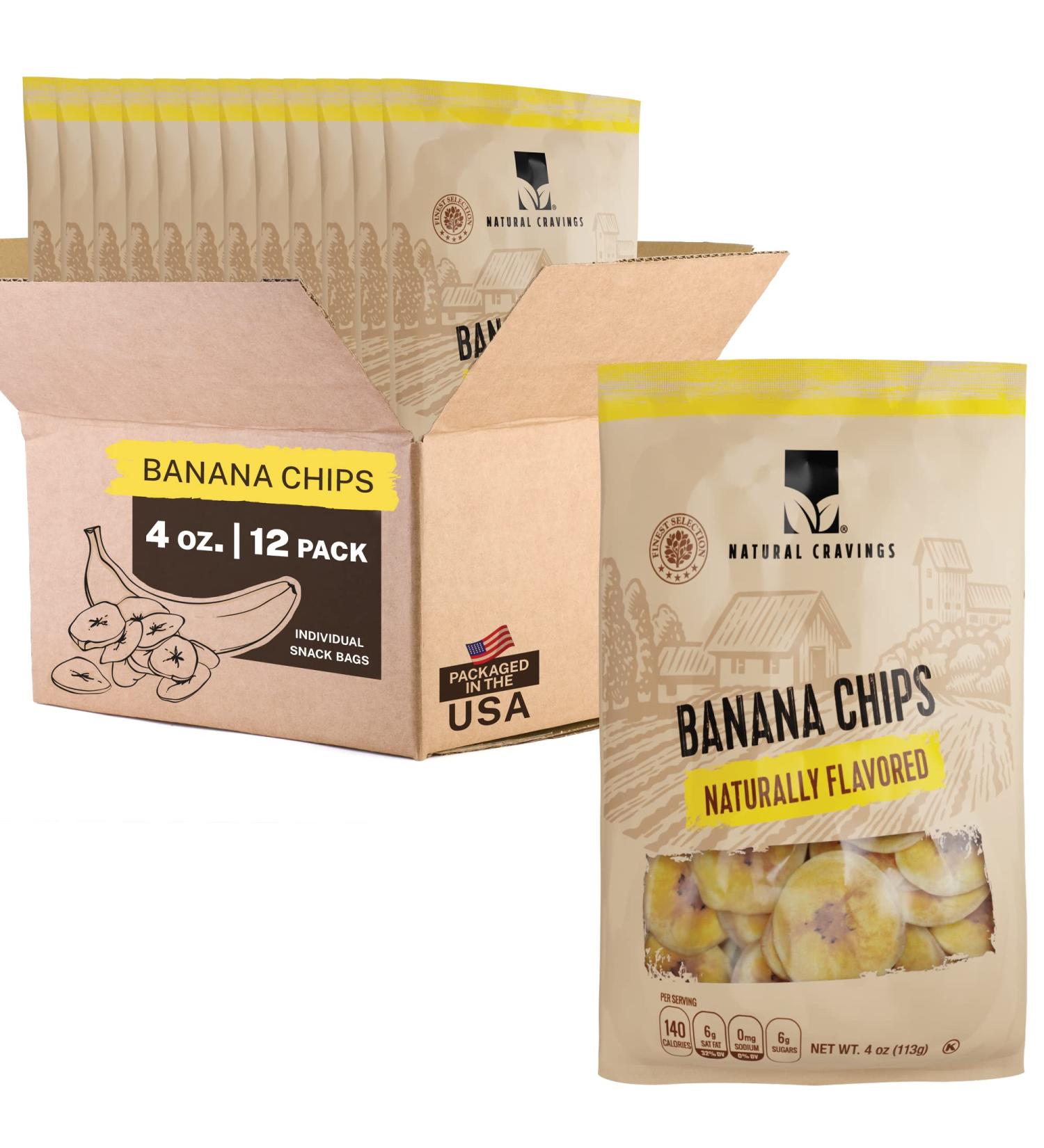 Healthy Banana Chips Dried Slices - 12 Pack - Sweet Crispy Snacks for Adults & Kids - 100% Pure Dehydrated Bananas - 4 oz Bags - Buy Online on GoSupps.com