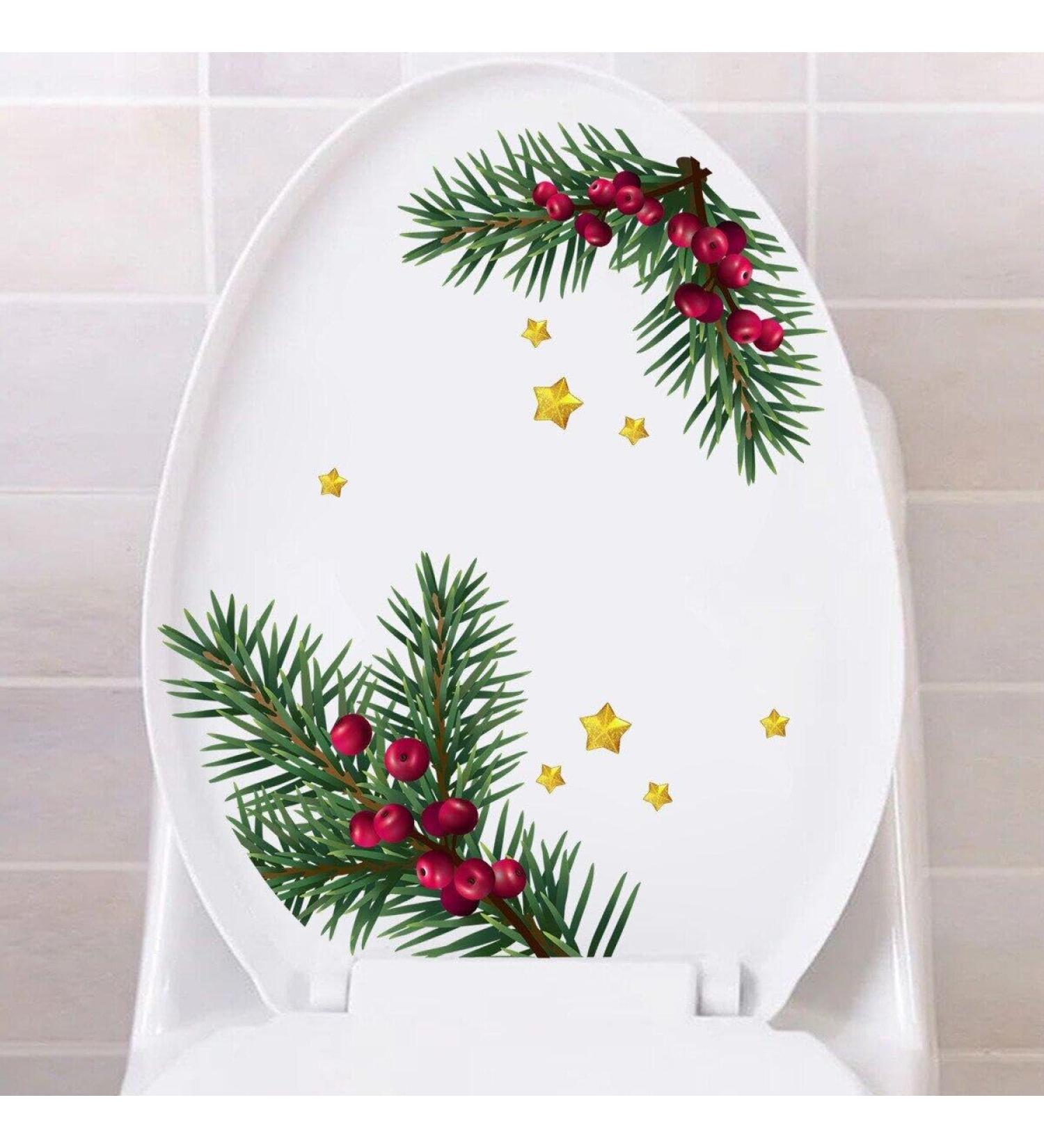 Christmas Toilet Sticker Pine Branch Berry Christmas Decal New Year Bathroom Toilet Seat Cover Decor Sticker DIY Decoration - Buy Online on GoSupps.com
