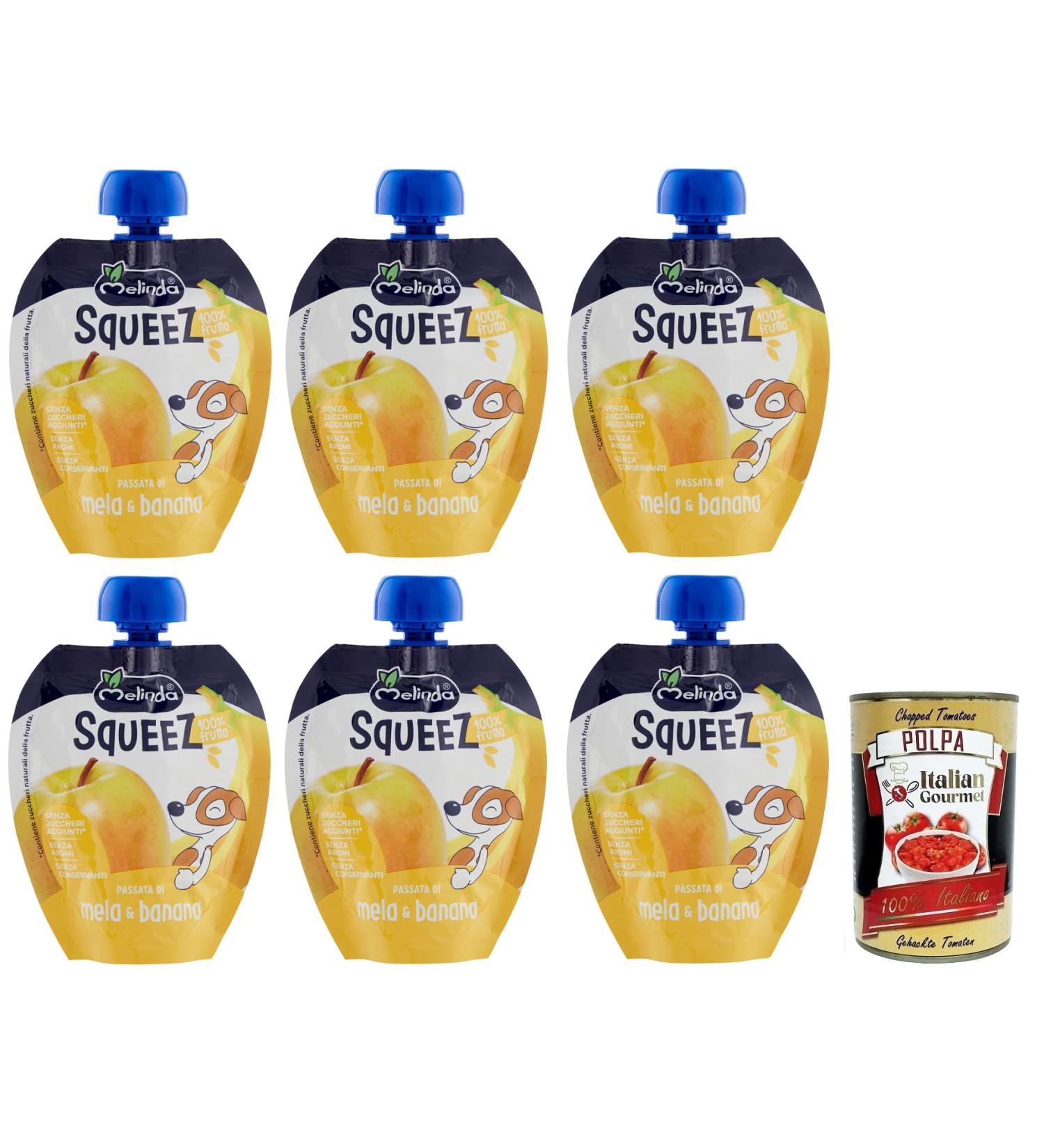  Italian Gourmet E.R. Melinda Mela Banana Squeeze 100% Fruit Puree Apples and Bananas Squeezable Fruit 90g + Italian Gourmet Pomodoro Polpa 400g - Buy Online on GoSupps.com