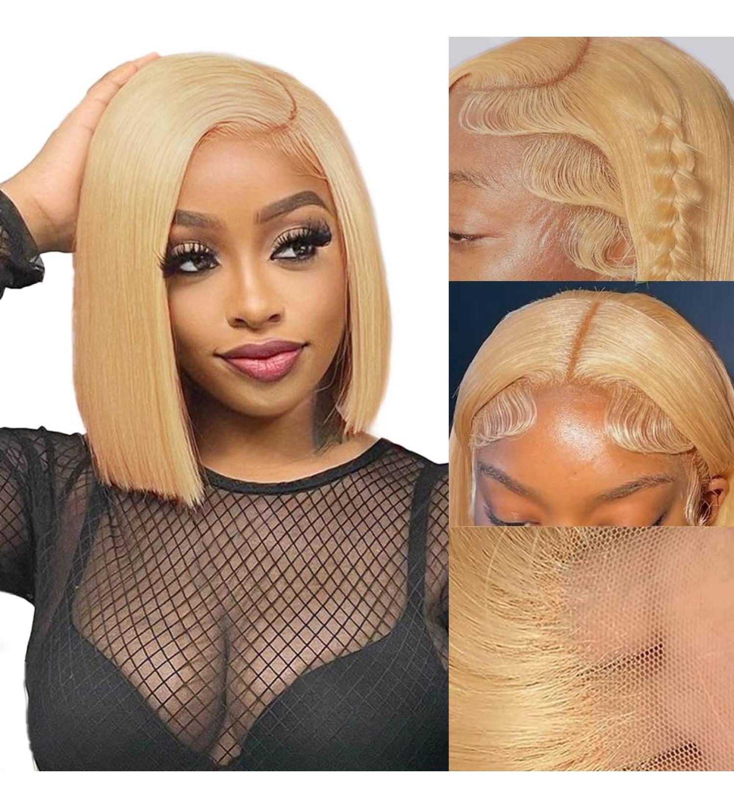 Honey Blonde Bob Lace Front Wig 10 Inch - 150% Density Straight Human Hair Wig with HD Lace - Pre Plucked and with Baby Hair - for Women - Buy Online on GoSupps.com