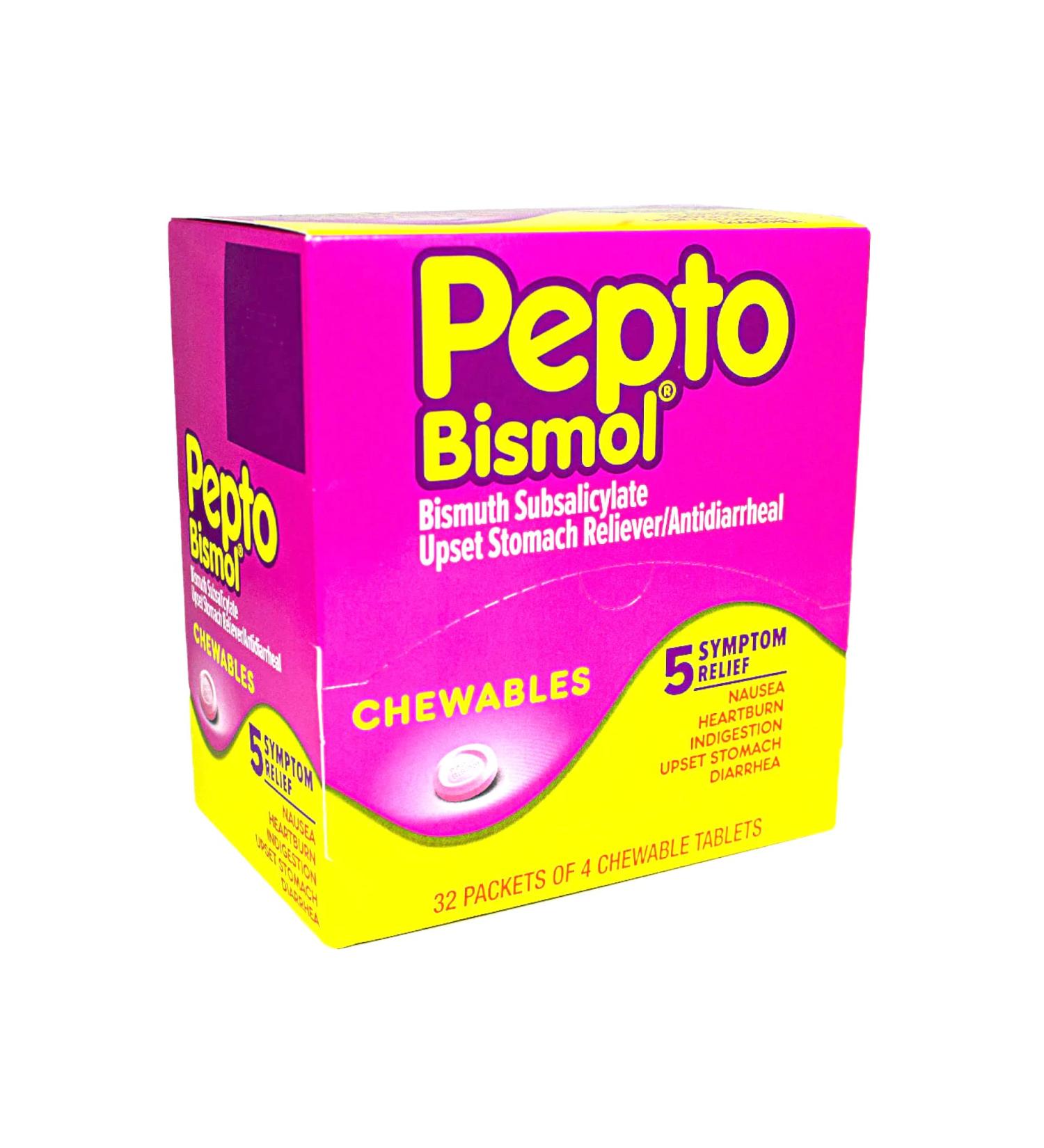 Pepto Bismol Chewables Dispenser - 32 Packs of 4 | Fast-Acting Relief for Indigestion & Upset Stomach - Buy Online on GoSupps.com