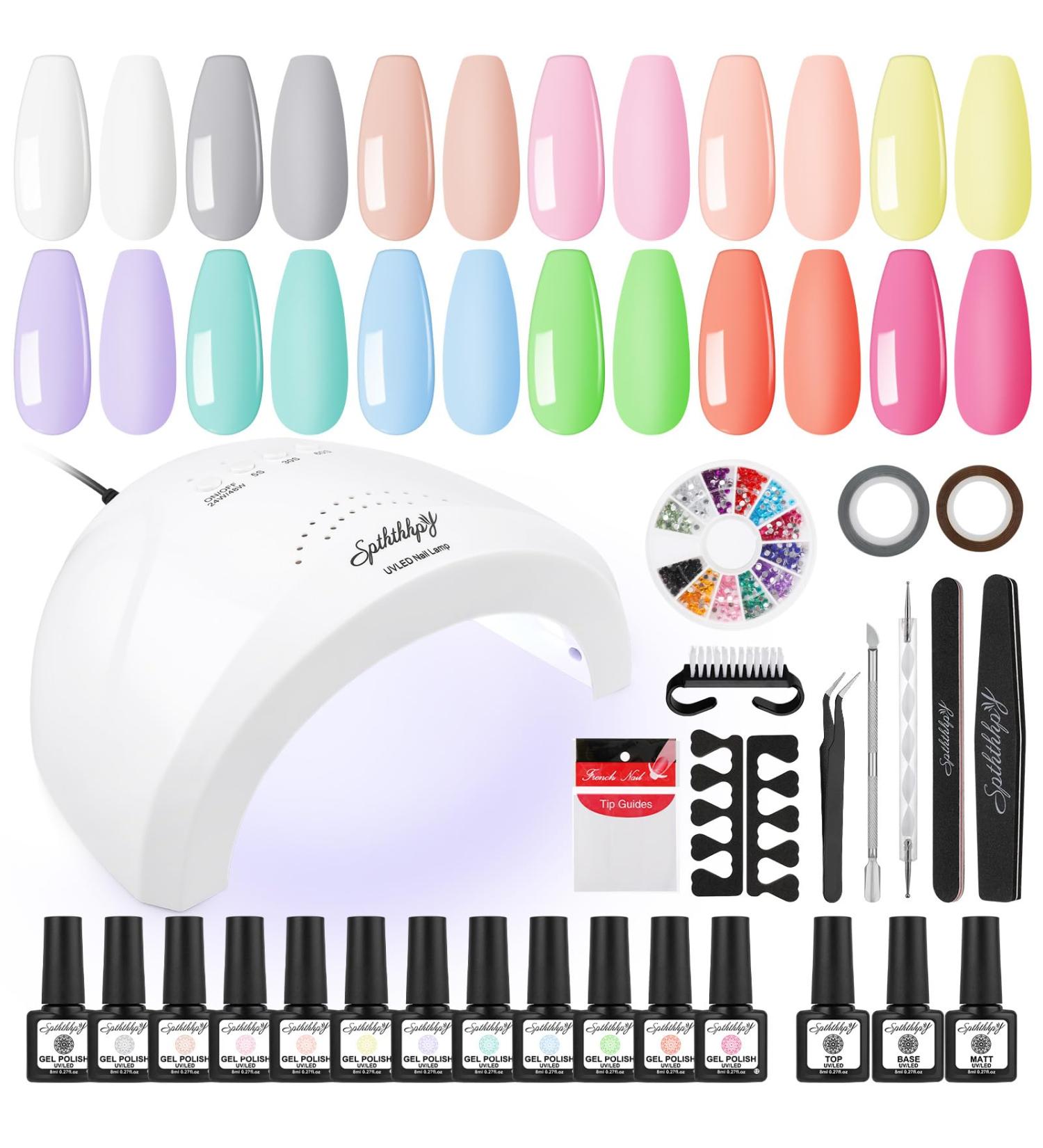 SPTHTHHPY 12+3 Gel Nail Polish Set with 48W Lamp Starter Kit - Complete Nail Kit for Beginners - Includes Base and Top Coat - DIY Manicure Salon Tools for Home - Macaron Girl Collection - Buy Online on GoSupps.com