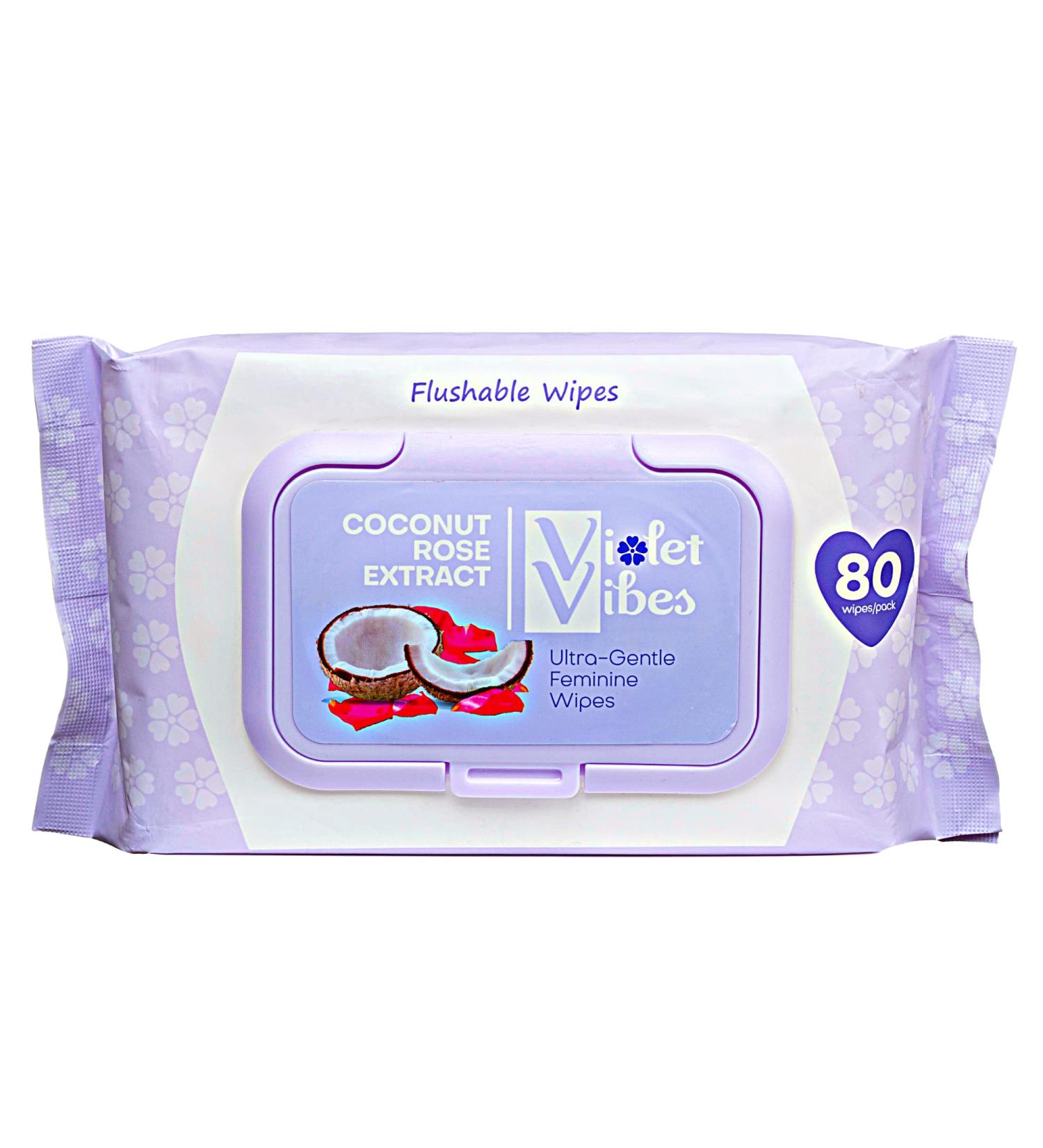 Violet Vibes Moisturizing Flushable Bathroom Wet Wipes for Women - Aloe Coconut Rose - 80 ct Pack - Buy Online on GoSupps.com