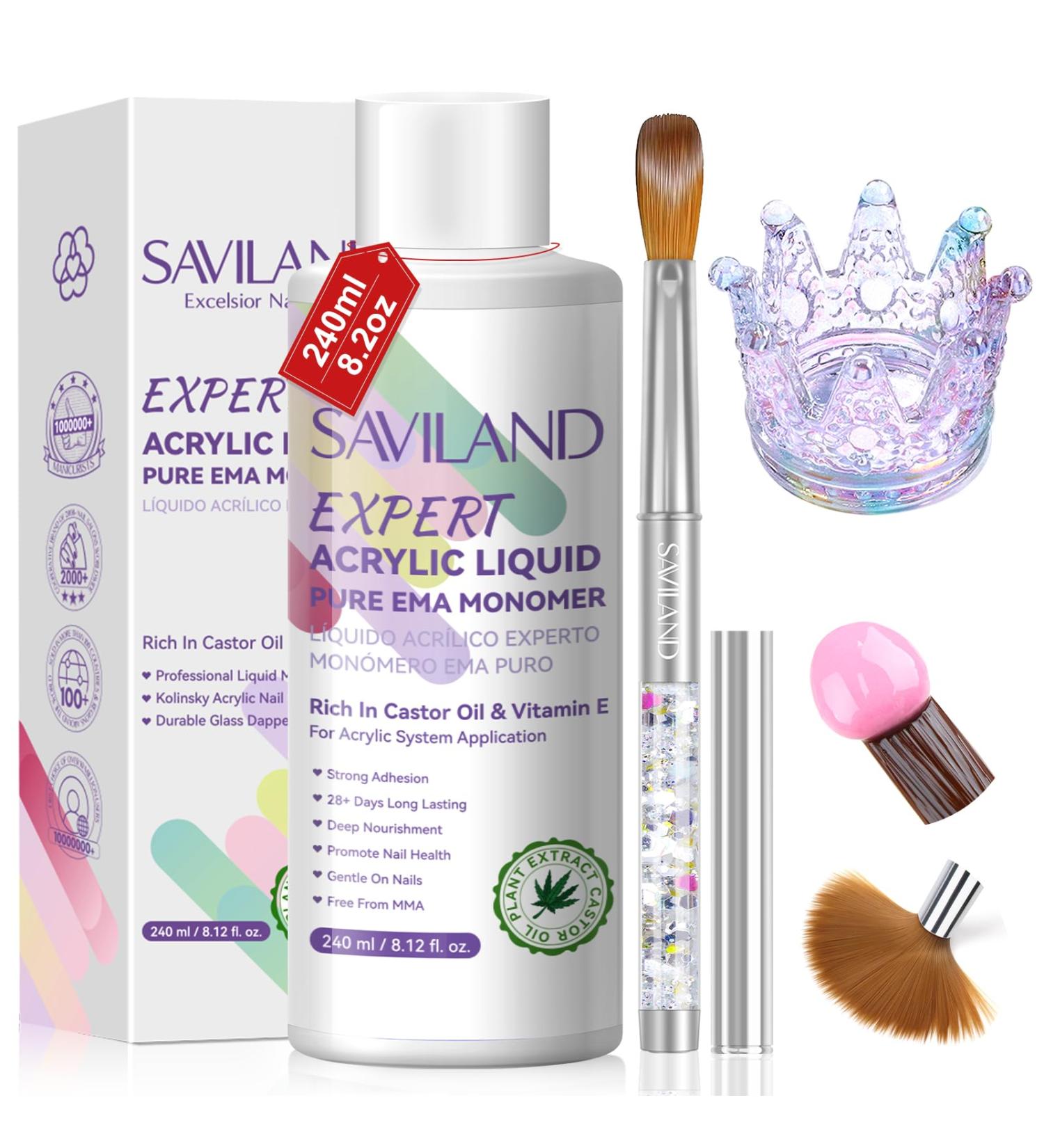 SAVILAND Odorless Pure EMA Monomer Acrylic Nail Liquid 8.12fl.oz with Brush & Dappen Dish - Perfect for Salon Quality Acrylic Nail Extensions - Buy Online on GoSupps.com
