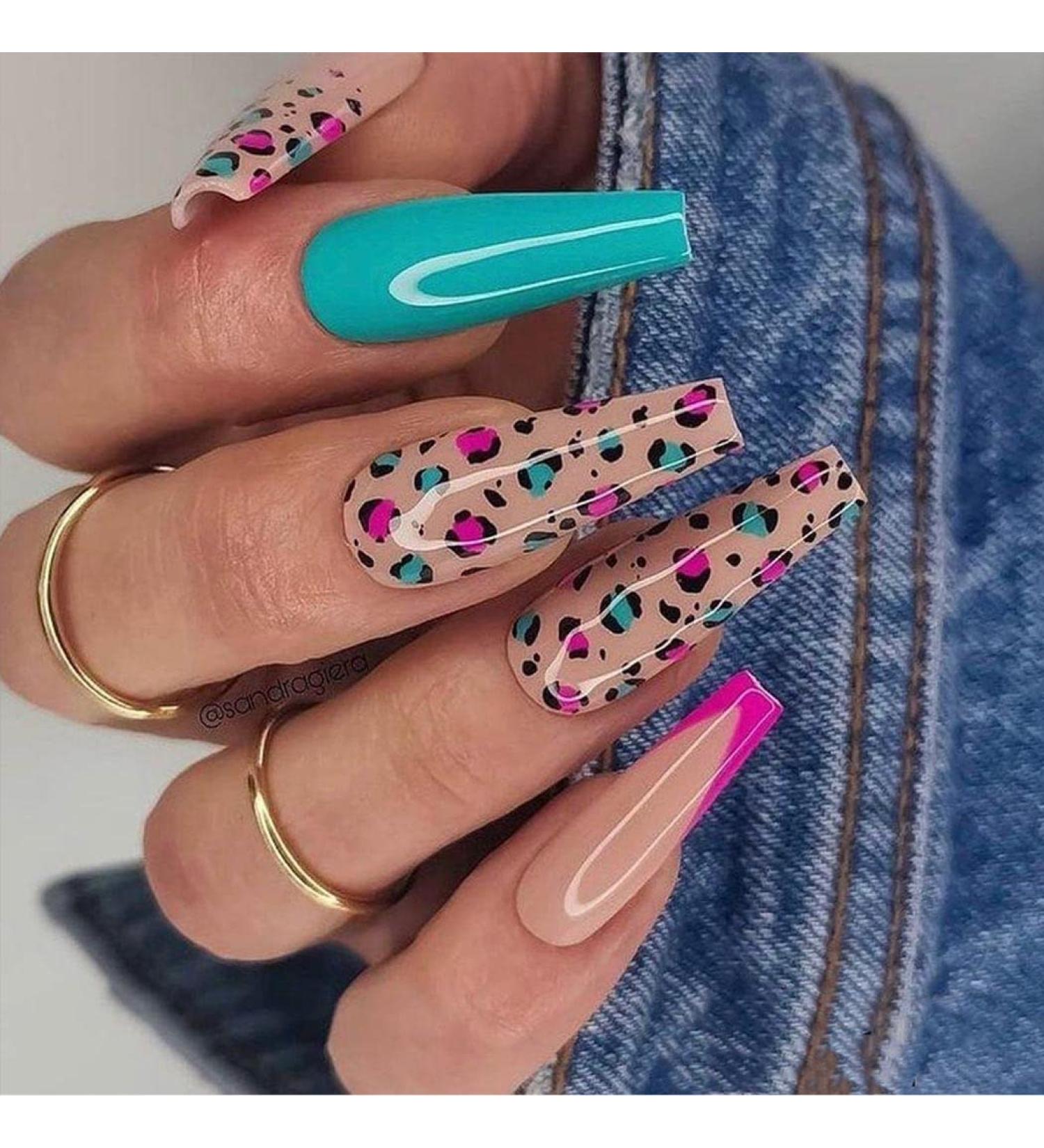 Vatocu Shiny Long French False Nails - Blue Leopard Pattern Stick-On Acrylic Nails for Women & Girls (24 Pieces) - Buy Online on GoSupps.com