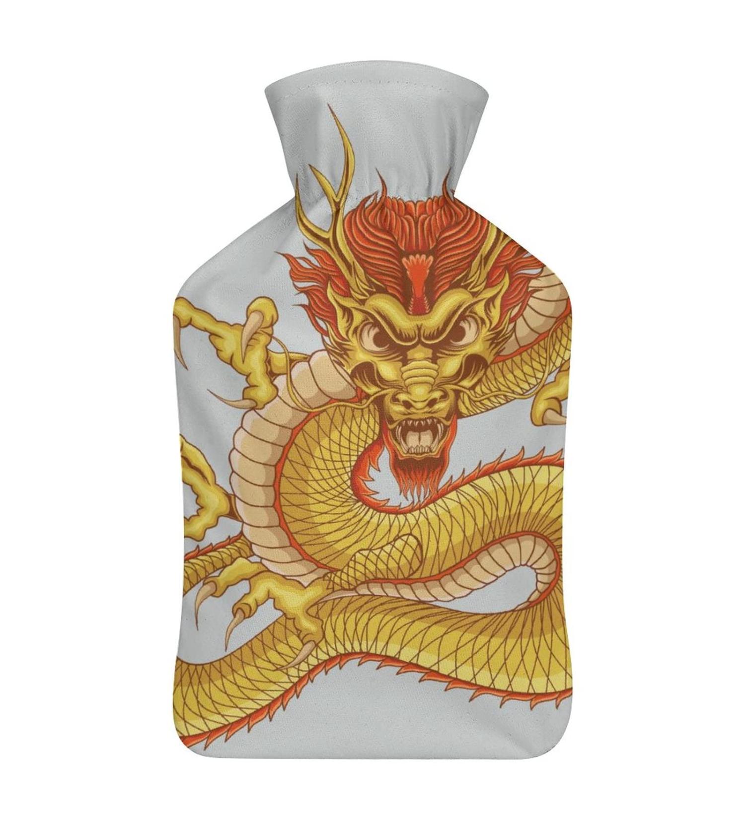 Golden Dragon Hot Water Bottle with Plush Cover - Bed Warmer for Adults & Kids | 26.5x15.3cm - International Shipping - Buy Online on GoSupps.com