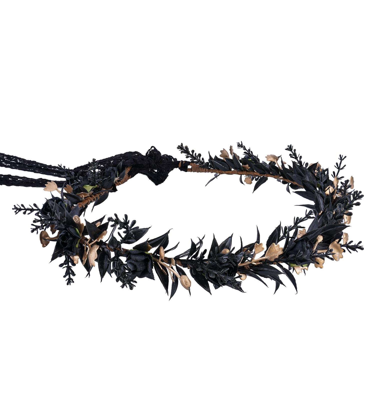MOSTORY Handmade Elf Black Flower Crown - Gothic Adjustable Floral Tiara Headband Dark Fairy Hair Wreath Medieval Accessory for Halloween Carnival Wedding Cosplay Mardi Gras - Buy Online on GoSupps.com