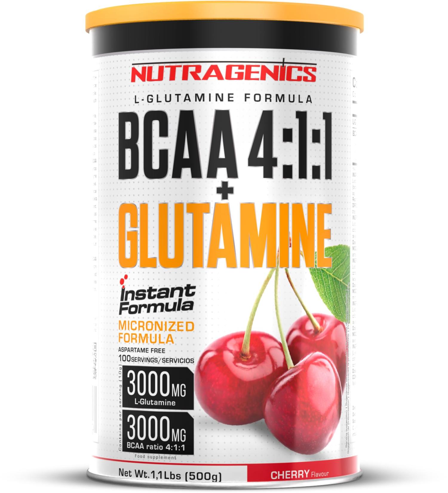 Nutragenics BCAA 4 1 1 + Glutamine - BCAA Glutamine - BCAA Glutamine - BCAA 4 1 1 Powder and Flavored Glutamine - 500g (Cherry)