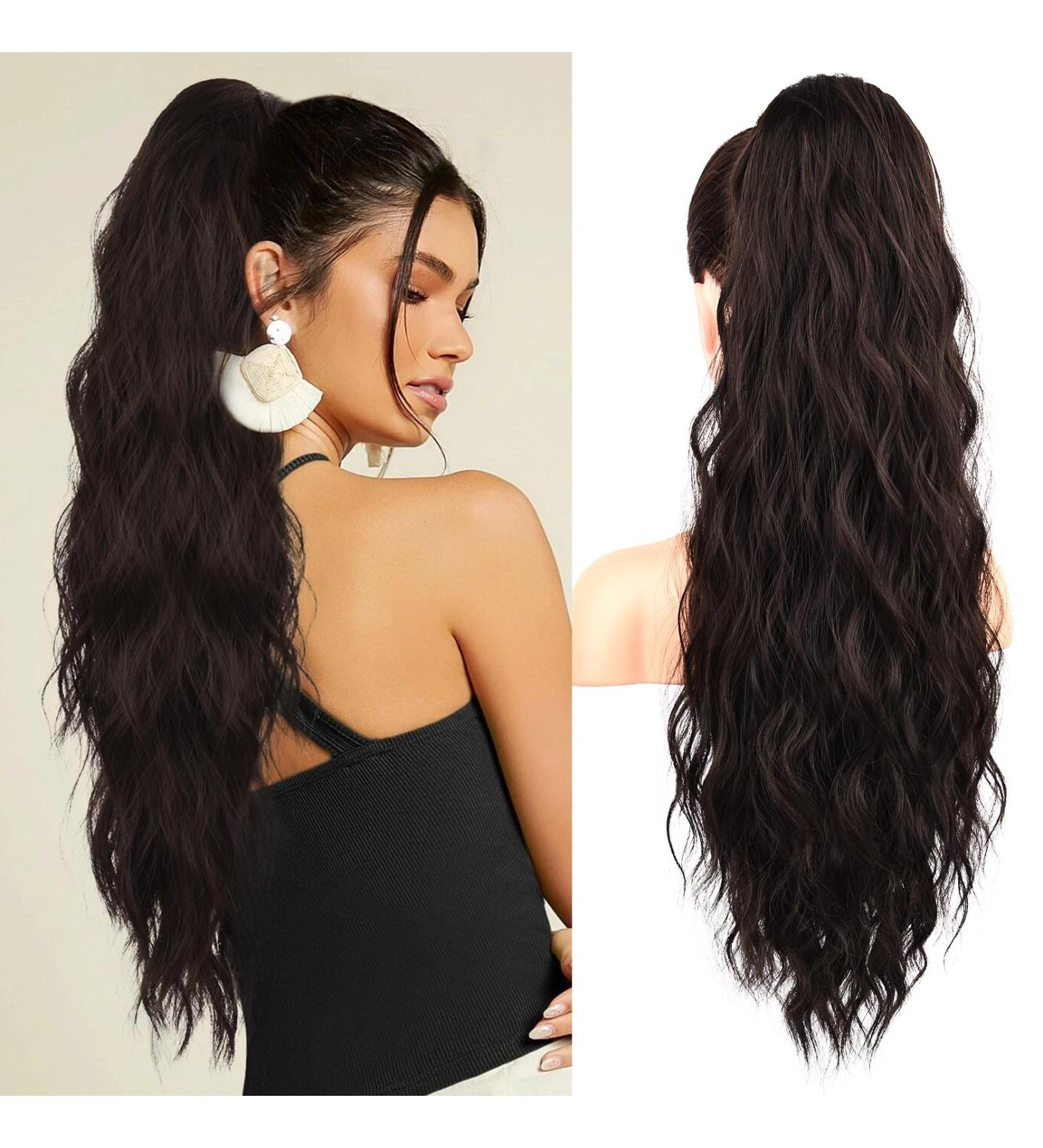 Brikabia 66cm Clip-In Ponytail Extension - Beach Wavy Natural Braid Hair for Women | Black & Brown - Buy Online on GoSupps.com