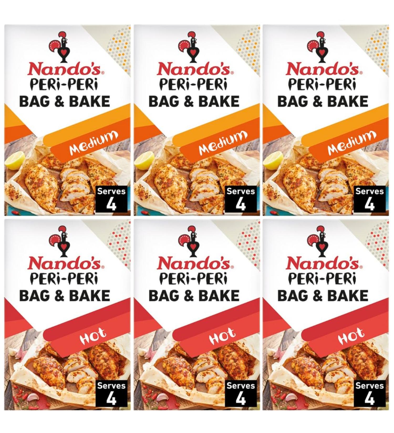 Peri Peri Seasoning Bundle with Nandos Peri Peri Bag & Bake Hot 20g x3 Pack and Bag & Bake Medium 20g x3 Pack (6 Pack) - Buy Online on GoSupps.com