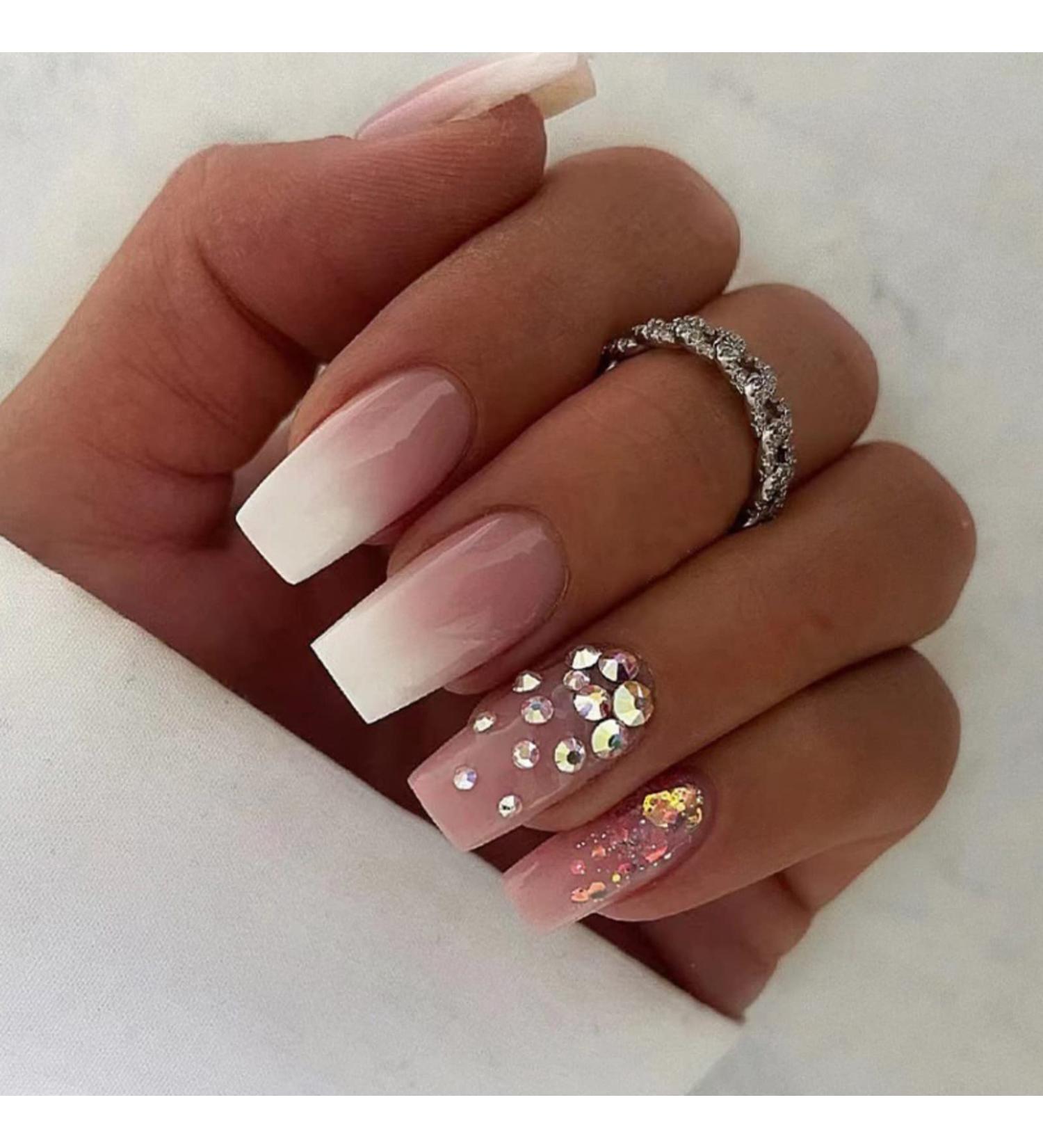 Justotry 24 Pcs Milky French Diamond False Nails - Glossy Pink Ballerina Press on Nails for Women Acrylic Coffin Medium - Nail Art with Glue Included - Buy Online on GoSupps.com