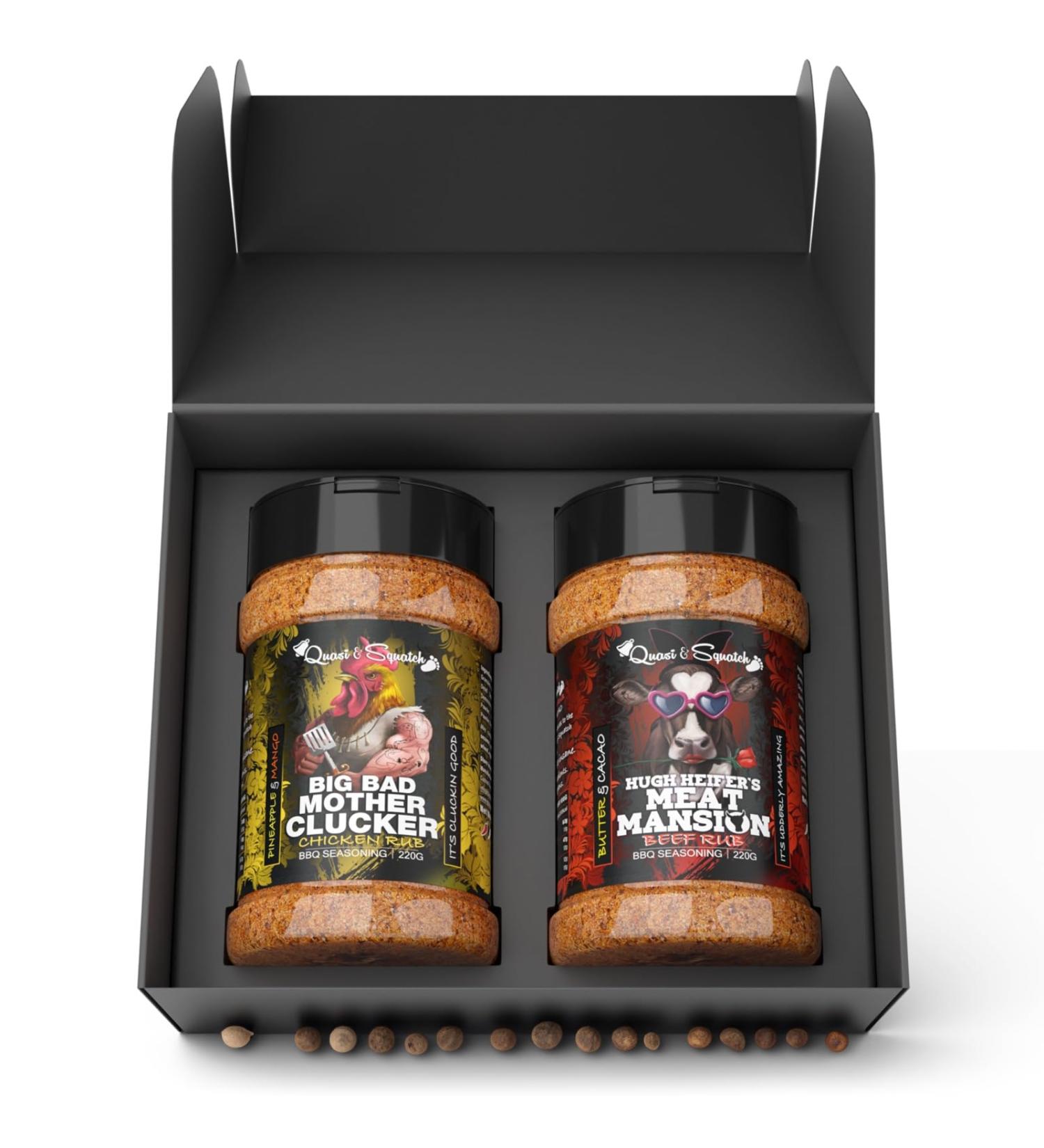 BBQ Rub Gift Set by Quasi & Squatch -Big Bad Mother Clu%#er + Hugh Heifers Meat Mansion (Chicken & Beef Rub) | Meat Seasoning and Spices | Perfect Blend of Spice for BBQ and Grill | Twin Pack - Buy Online on GoSupps.com