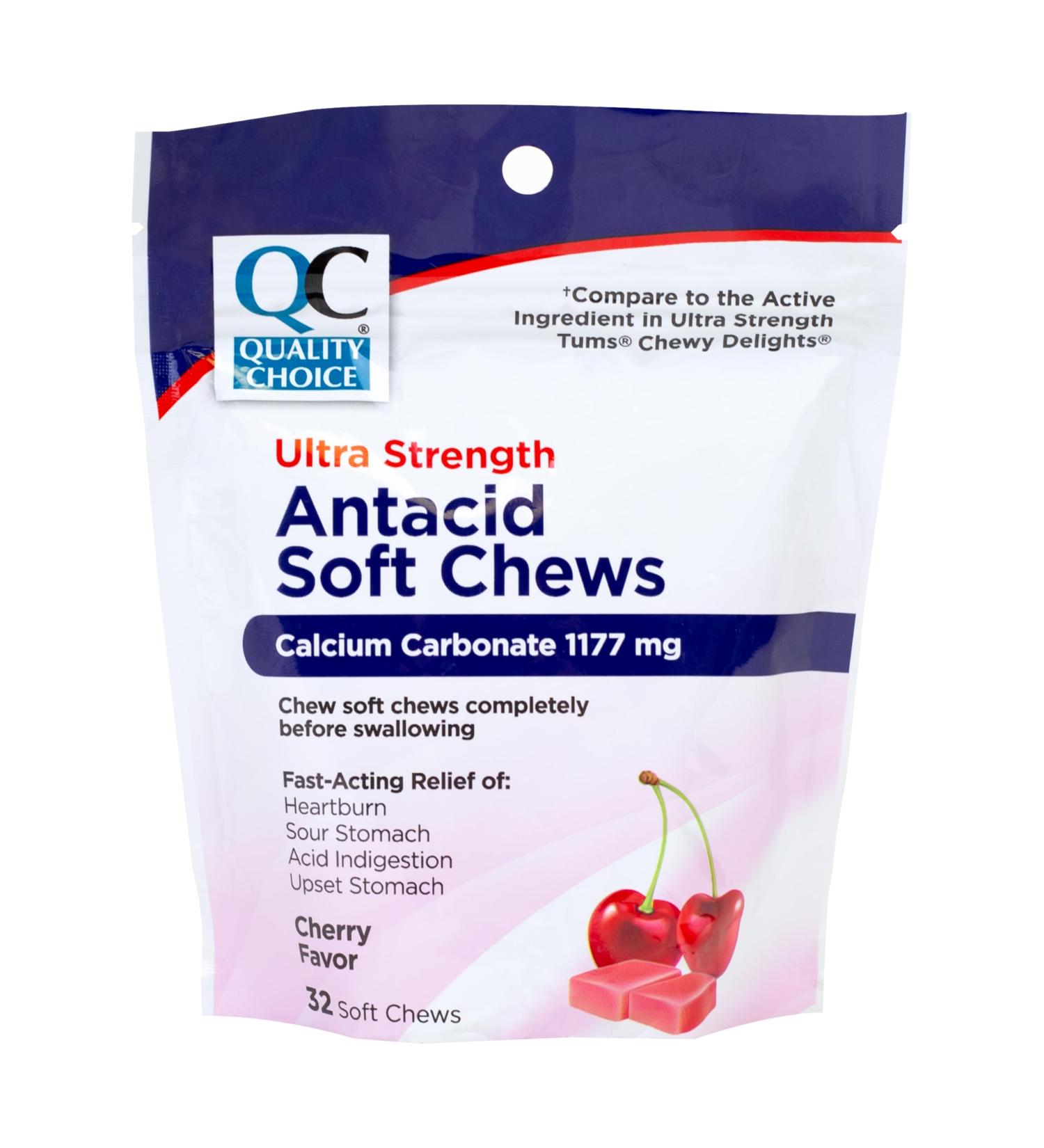Quality Choice Antacid Ultra Strength Soft Chews Cherry Flavor 32 Count 1177mg Calcium Carbonate per Chew. Fast-Acting Relief for Heartburn Sour Stomach Acid Indigestion. - Buy Online on GoSupps.com