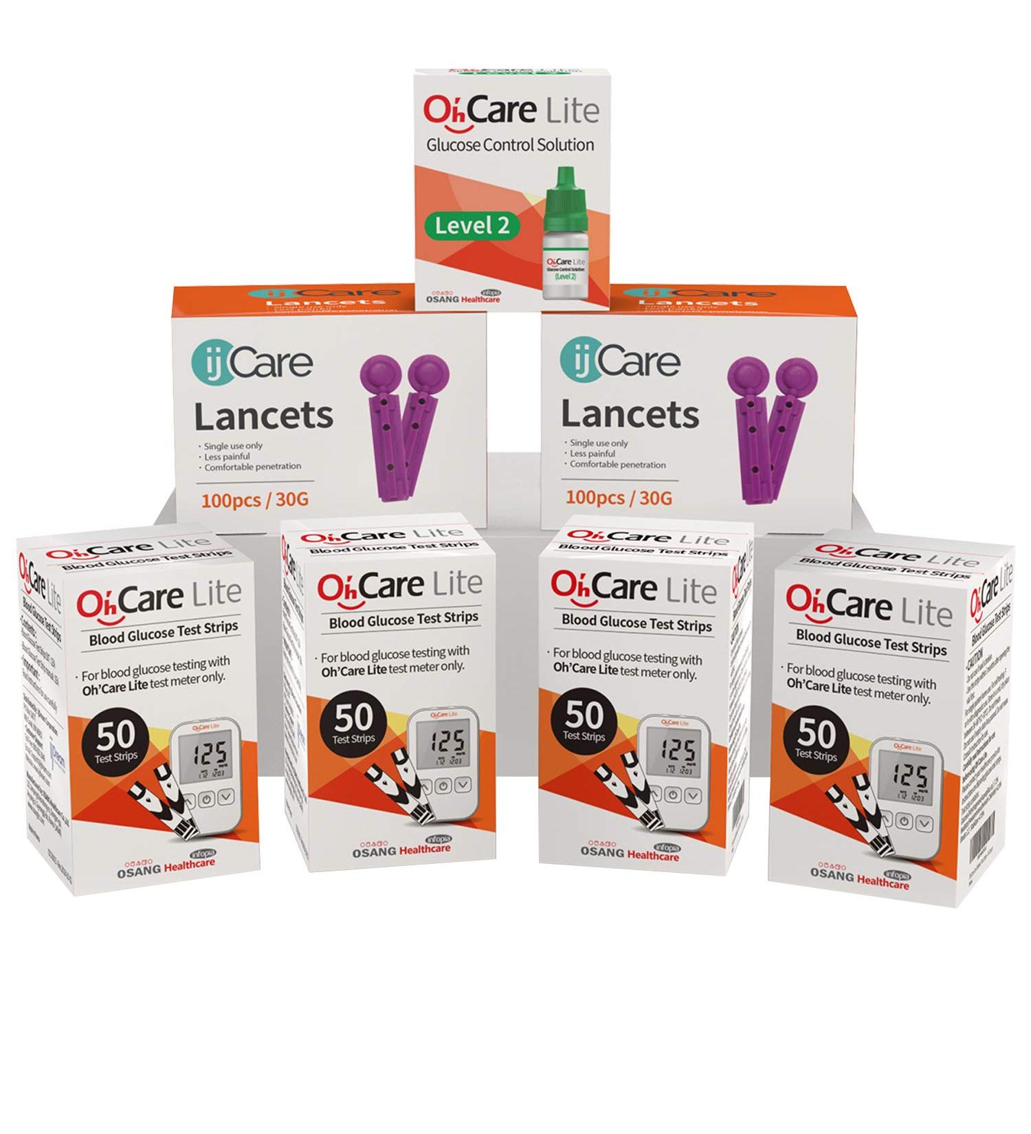 OH Care Lite Blood Sugar Testing Kit - 200 Test Strips, Lancets & Control Solution - Accurate & Affordable Diabetic Supplies - Buy Online on GoSupps.com