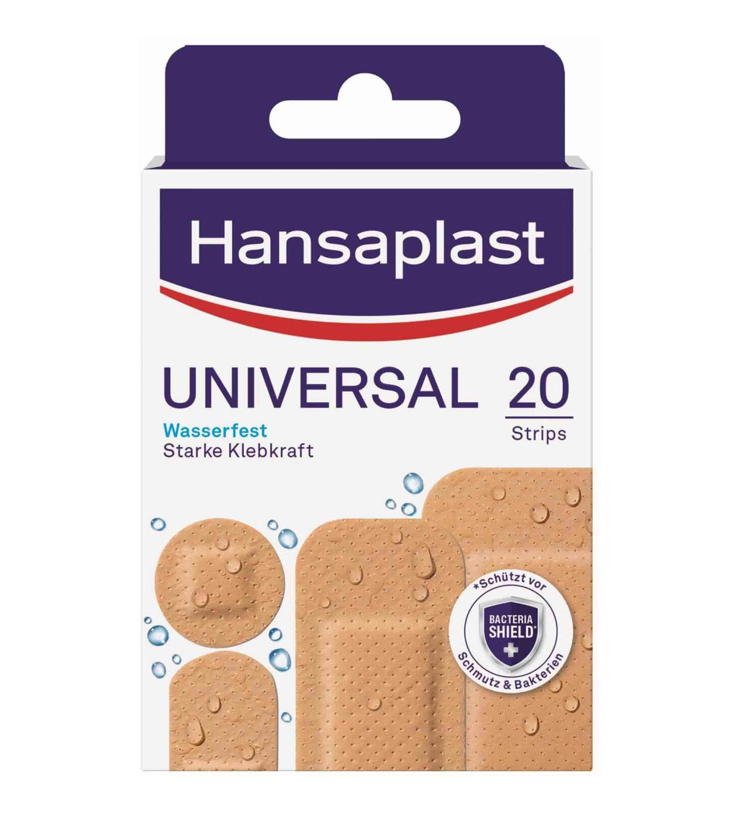 Hansaplast Universal Pflasters - 20 Dirt & Water-Repellent Wound Strips with Strong Adhesive & Bacteria Shield | International Shipping Available - Buy Online on GoSupps.com