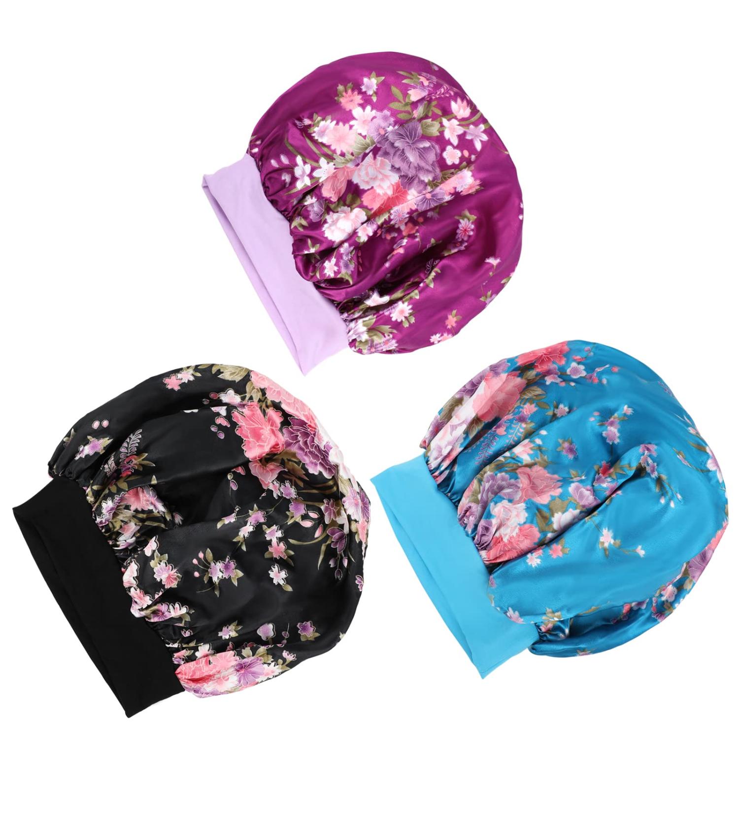 3 Pack Large Satin Bonnets for Women - Wide Band Silky Sleeping Cap Floral Print - One Size - Buy Online on GoSupps.com