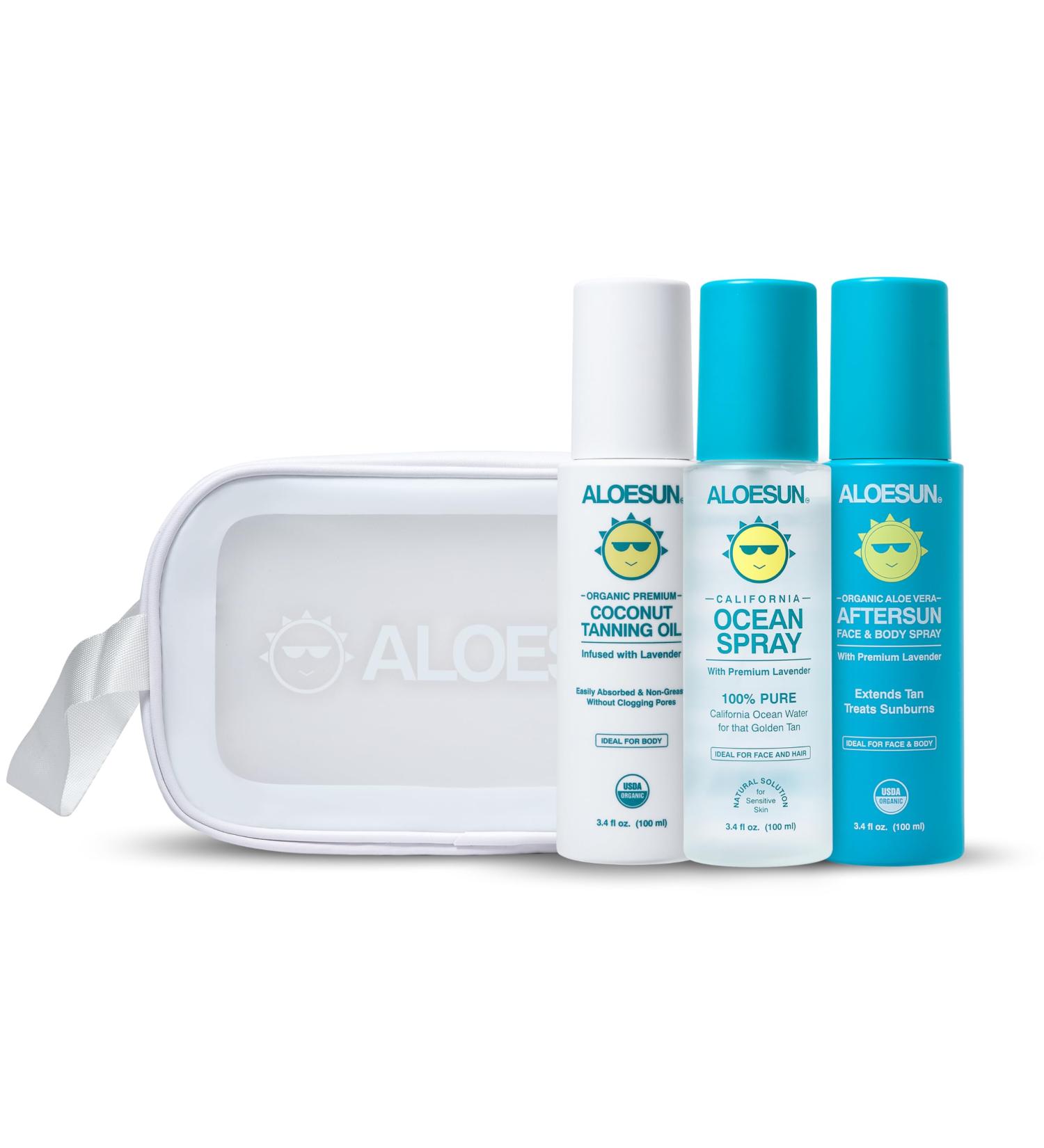 ALOESUN Organic Tanning Travel Size Bundle - Including Organic Coconut Tanning Oil, Ocean Spray, Organic AFTERSUN Spray, and Beach Bag - Buy Online on GoSupps.com