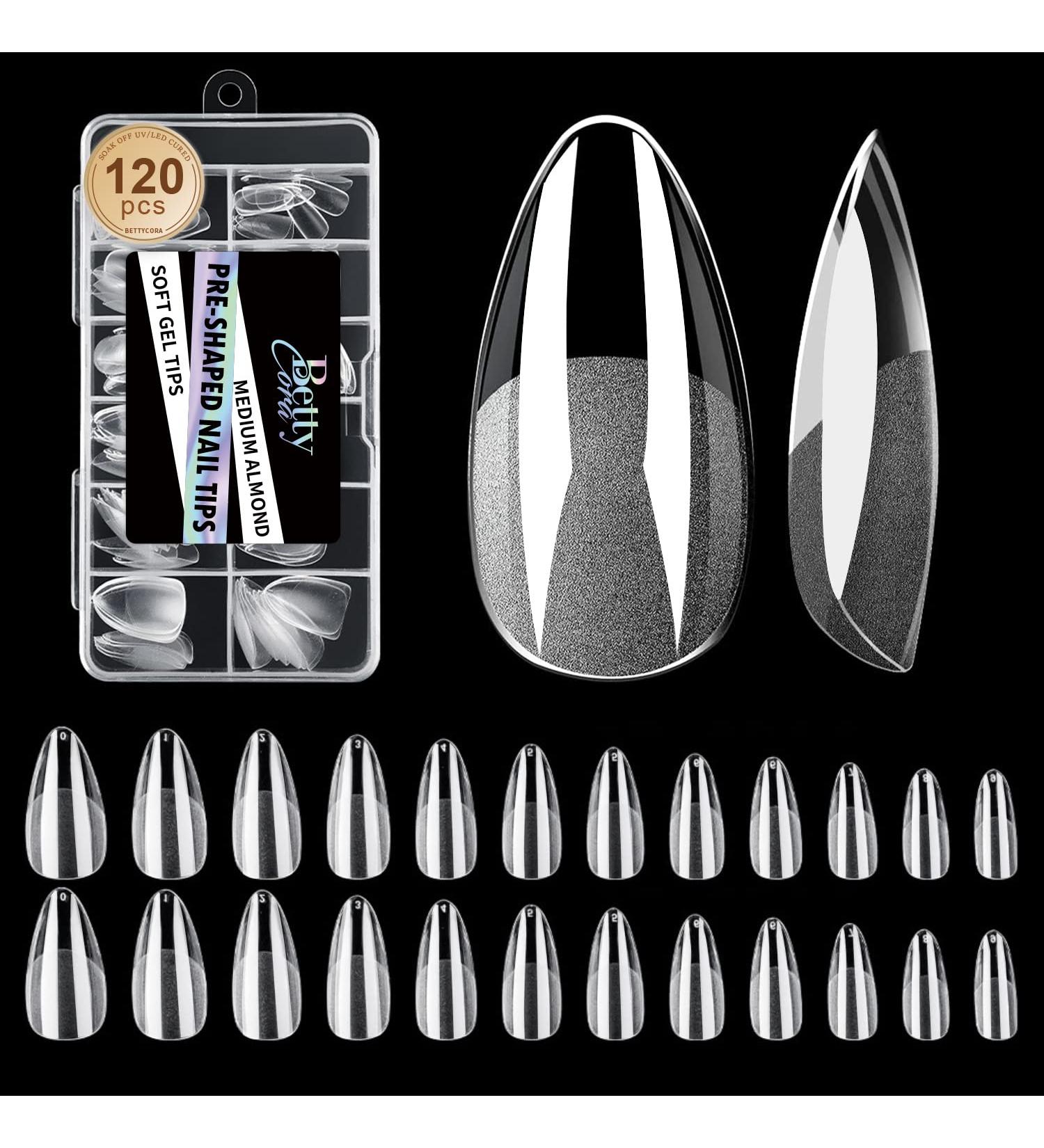 Bettycora Soft Gel Almond Nail Tips - 120Pcs Medium Pre-Shape False Nails for Acrylic Extensions - Buy Online on GoSupps.com