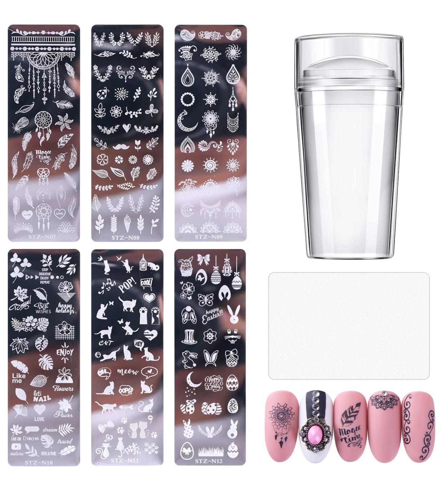 6-Piece Nail Art Plates Set - Stamping Stencils with Transparent Stamper & Scratch Tool | Plant & Animal Motifs for DIY Manicure - Buy Online on GoSupps.com