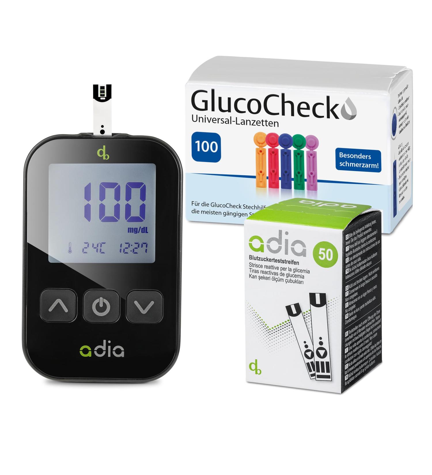 Adia Advantage Pack: Blood Sugar Measuring Device Set with 60 Test Strips & 110 Lancets - Accurate Monitoring for MG/DL - Buy Online on GoSupps.com