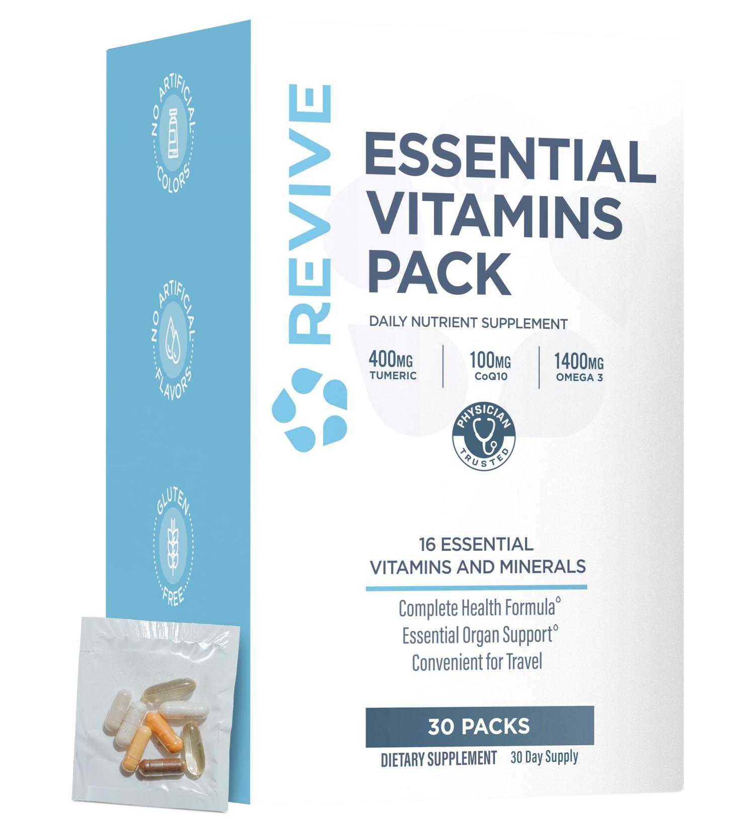 Revive MD Essential Vitamin Packs for Men & Women Daily Multivitamin Packets with Arjuna & Turmeric Extract Supports Heart Joint & Organ Health Travel-Friendly Vitamin Supplement (30 Servings) - Buy Online on GoSupps.com