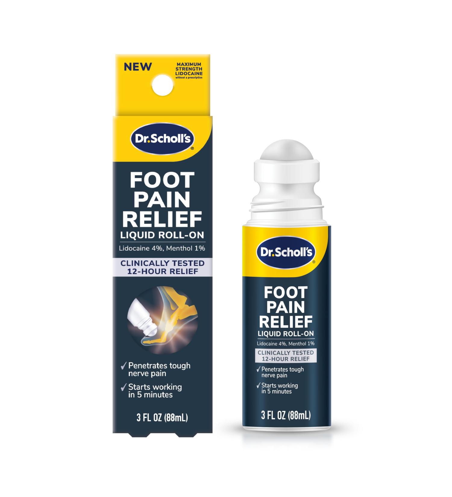 Dr. Scholl's Foot Pain Relief Liquid ROLL-ON, 3.0 oz // Clinically Tested 12-Hour Pain Relief - Penetrates Tough Nerve Pain - Works in 5 Minutes - Non-Greasy - with Lidocaine & Menthol - Buy Online on GoSupps.com